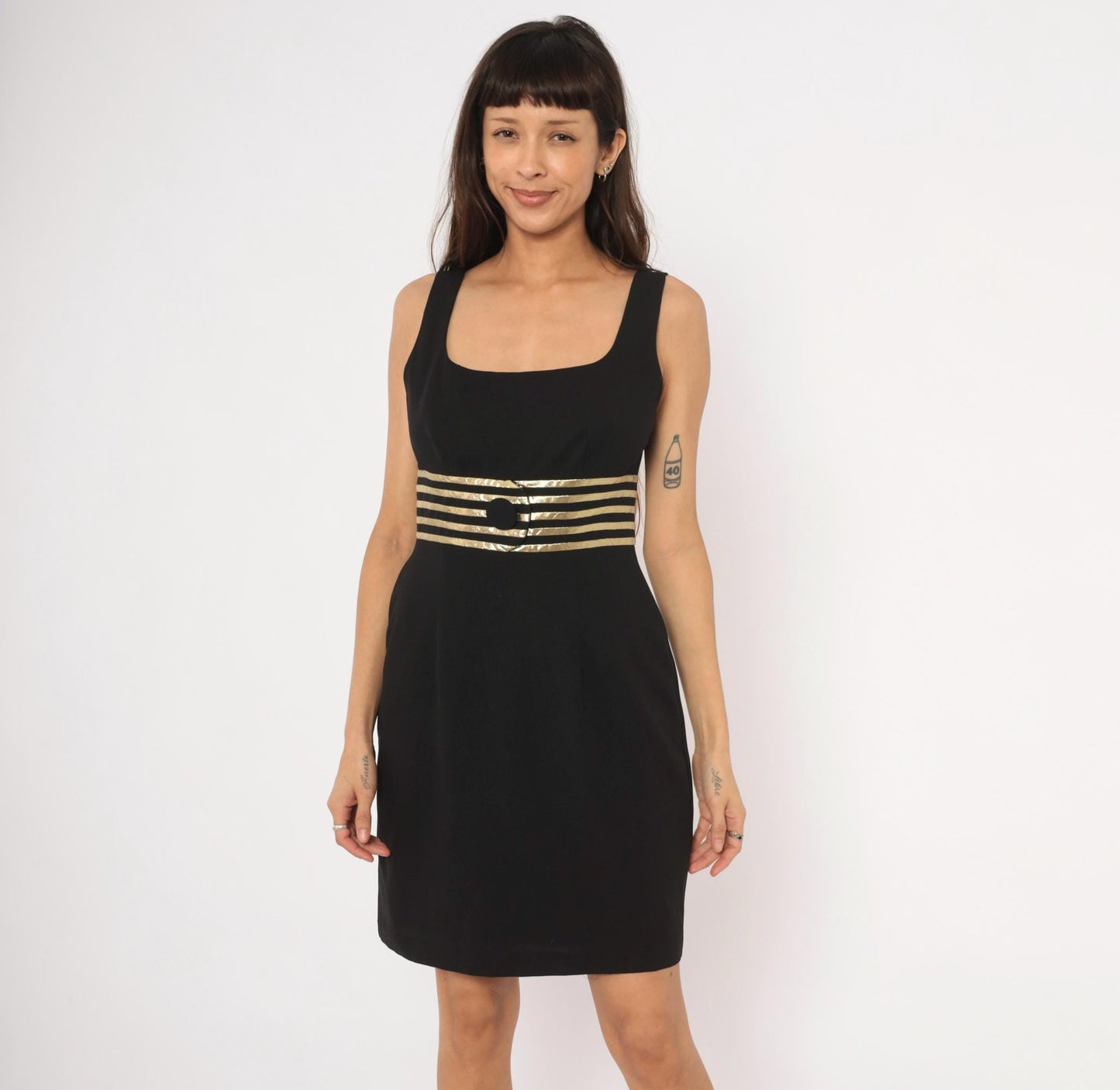 90s Datiani Black Mini Dress Gold Striped Waistband Sleeveless Medium M