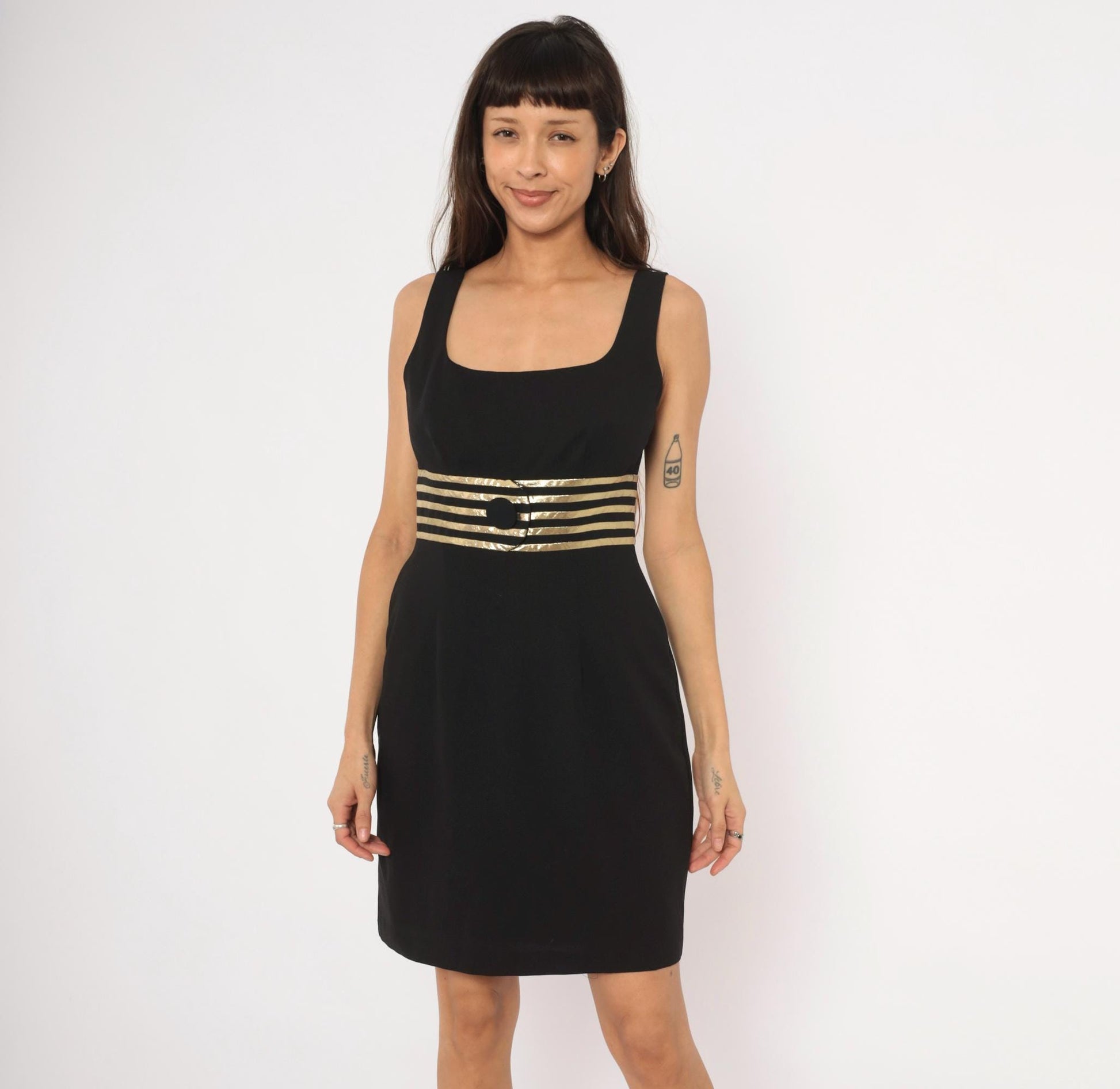90s Datiani Black Mini Dress Gold Striped Waistband Sleeveless Medium M