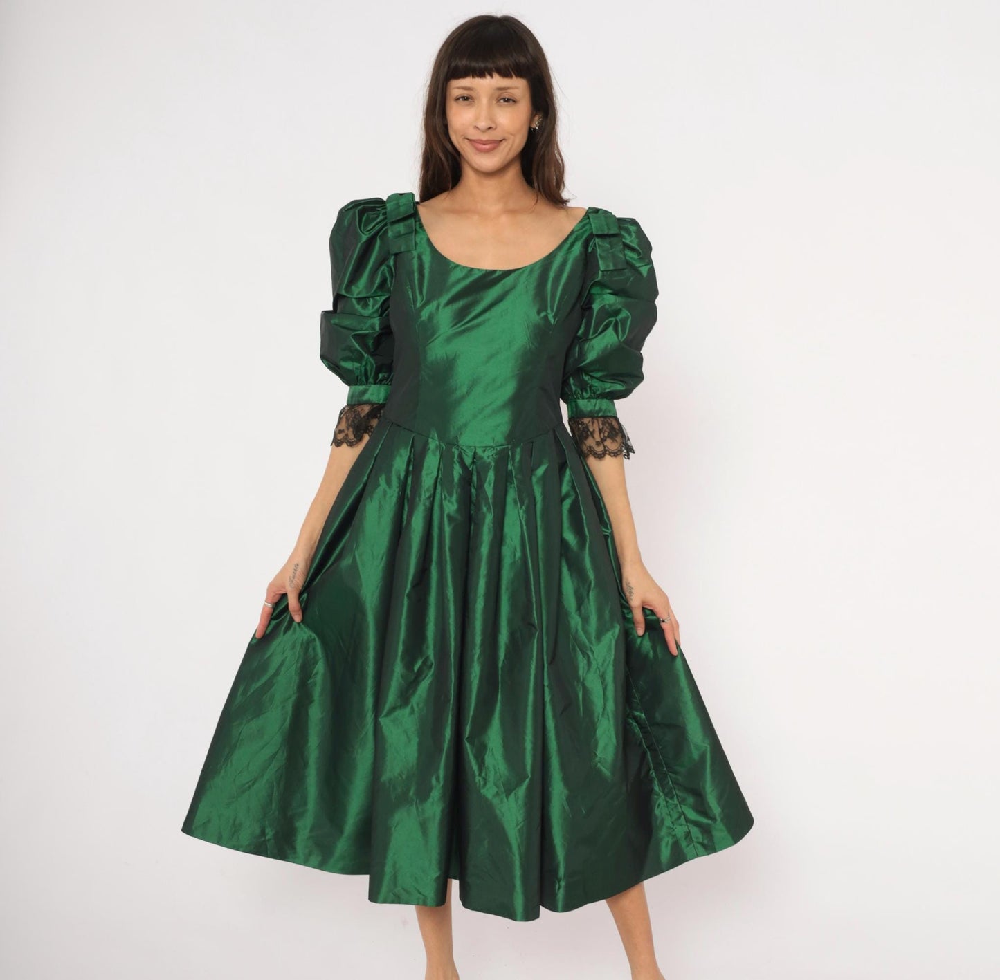 60s Emerald Taffeta Gown Puff Sleeve Forest Green Bow Shoulder Lace Cuff Large