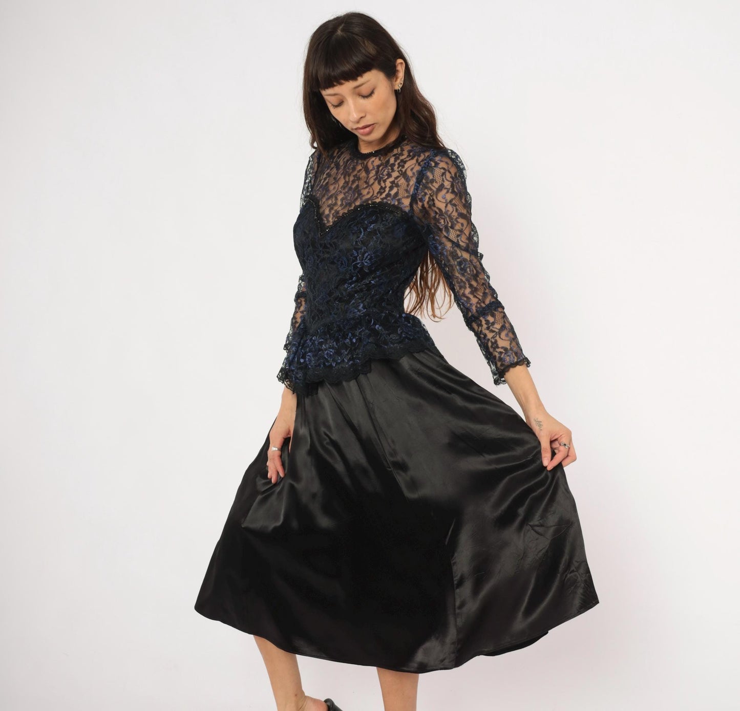 80s Gunne Sax Black Navy Floral Lace Peplum Sweetheart Gown Medium M