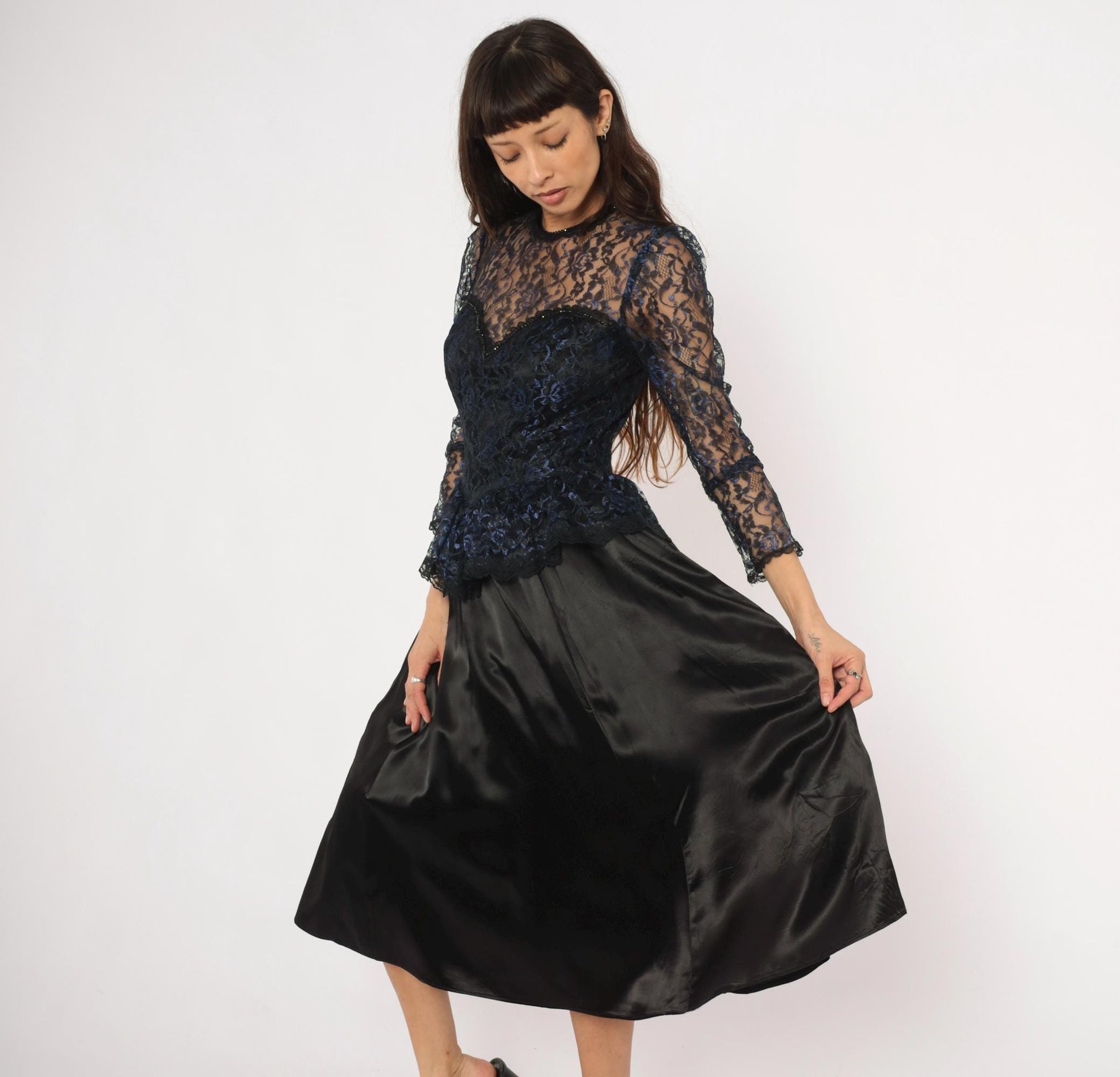 80s Gunne Sax Black Navy Floral Lace Peplum Sweetheart Gown Medium M