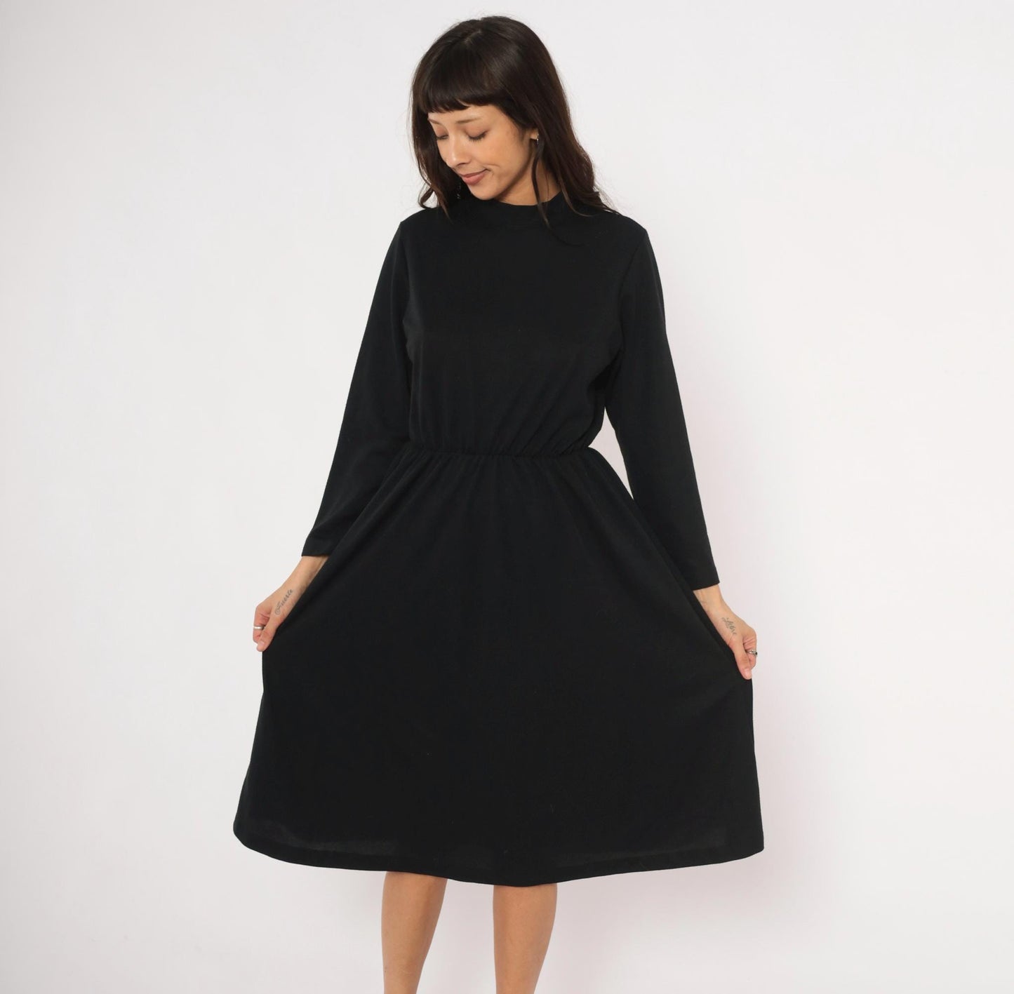 80s Philippe Marcel Black Mock Neck Dress Gathered Knee-Length Small Medium