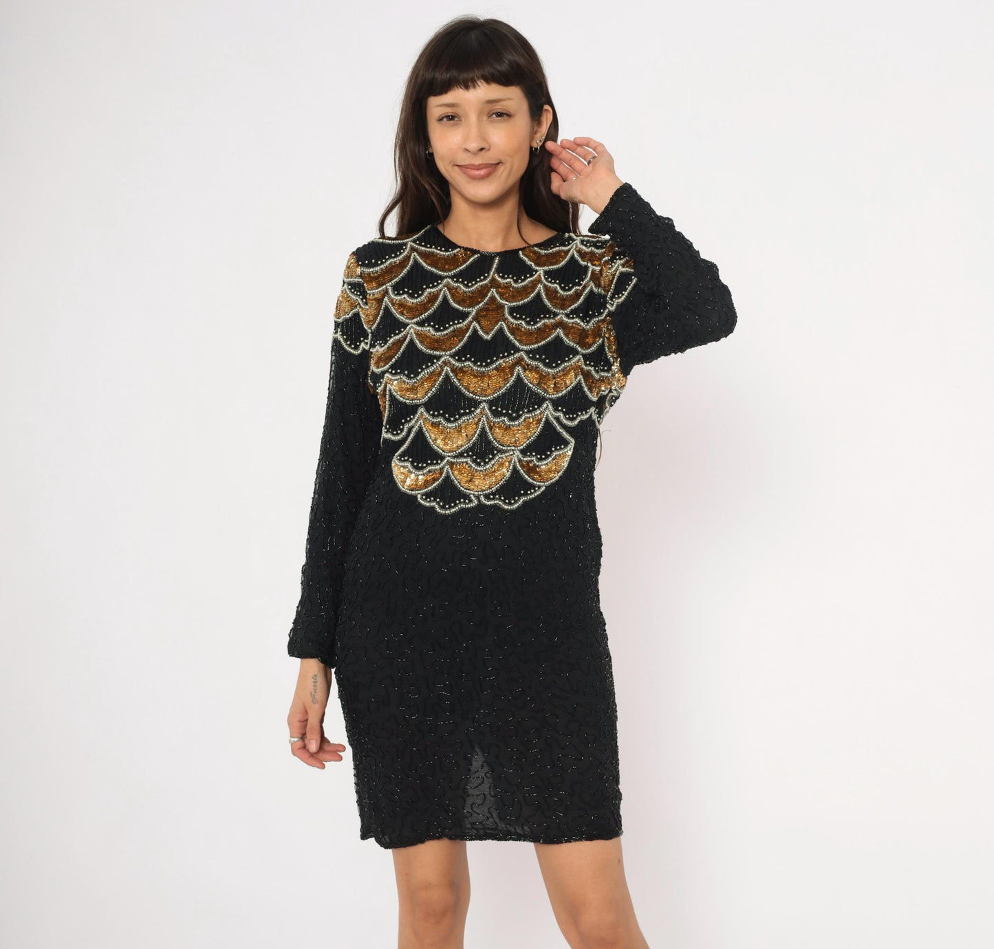 90s Carina Black Silk Mini Dress Gold Sequin Scallop Beaded Art Deco Large Petite