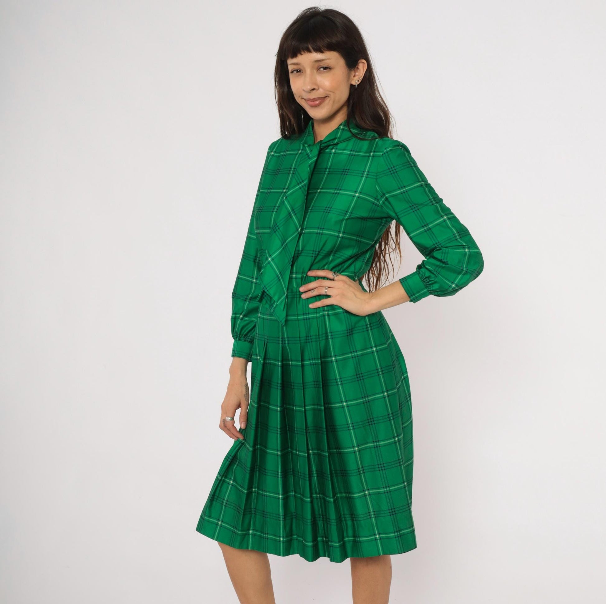 70s Nat Kap Lan Emerald Plaid Dress Pussy Bow Knee-Length Medium M