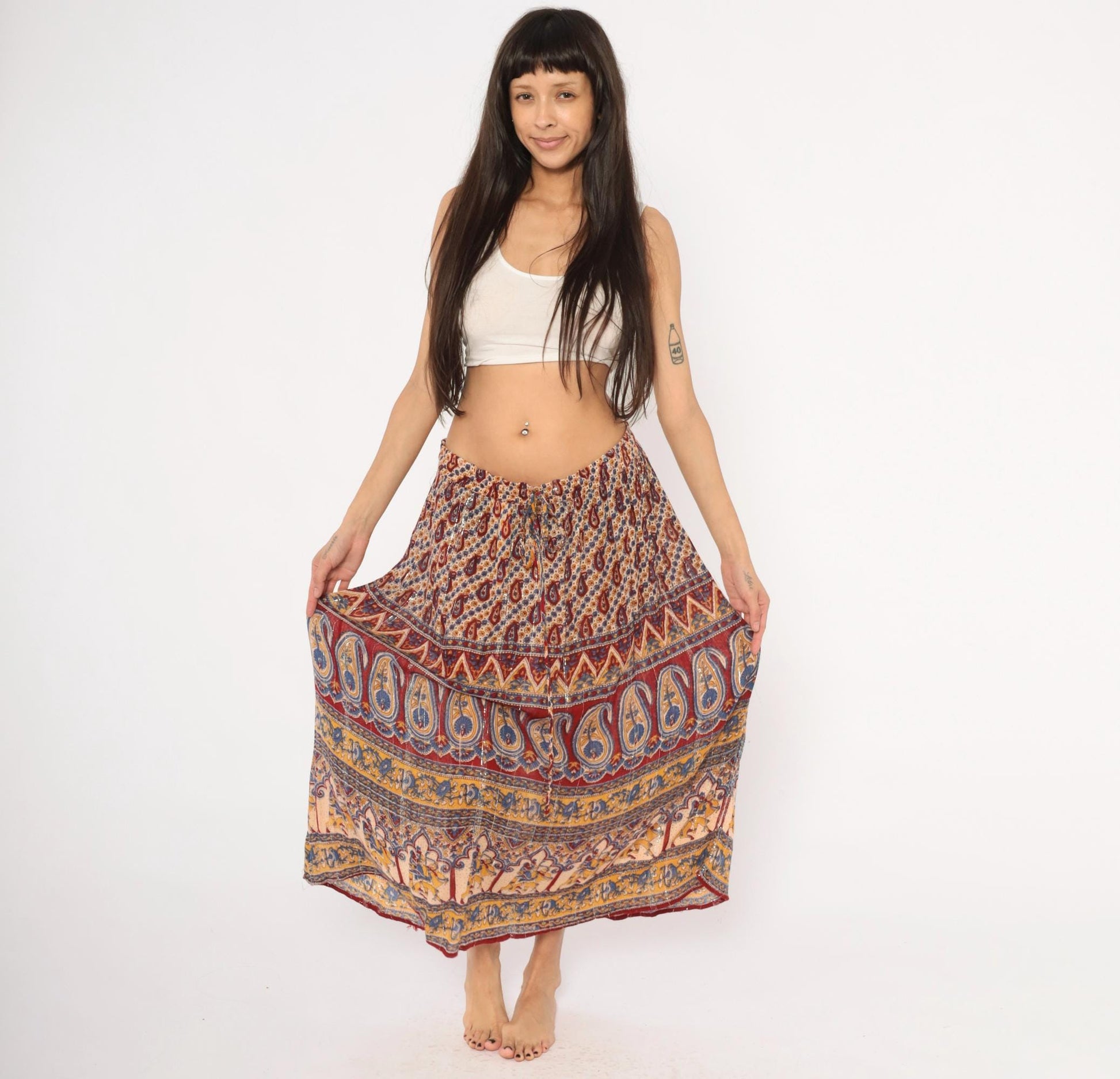 Y2K Lotus Indian Maxi Skirt Burgundy Paisley Gold Drawstring Waist Extra Large XXL