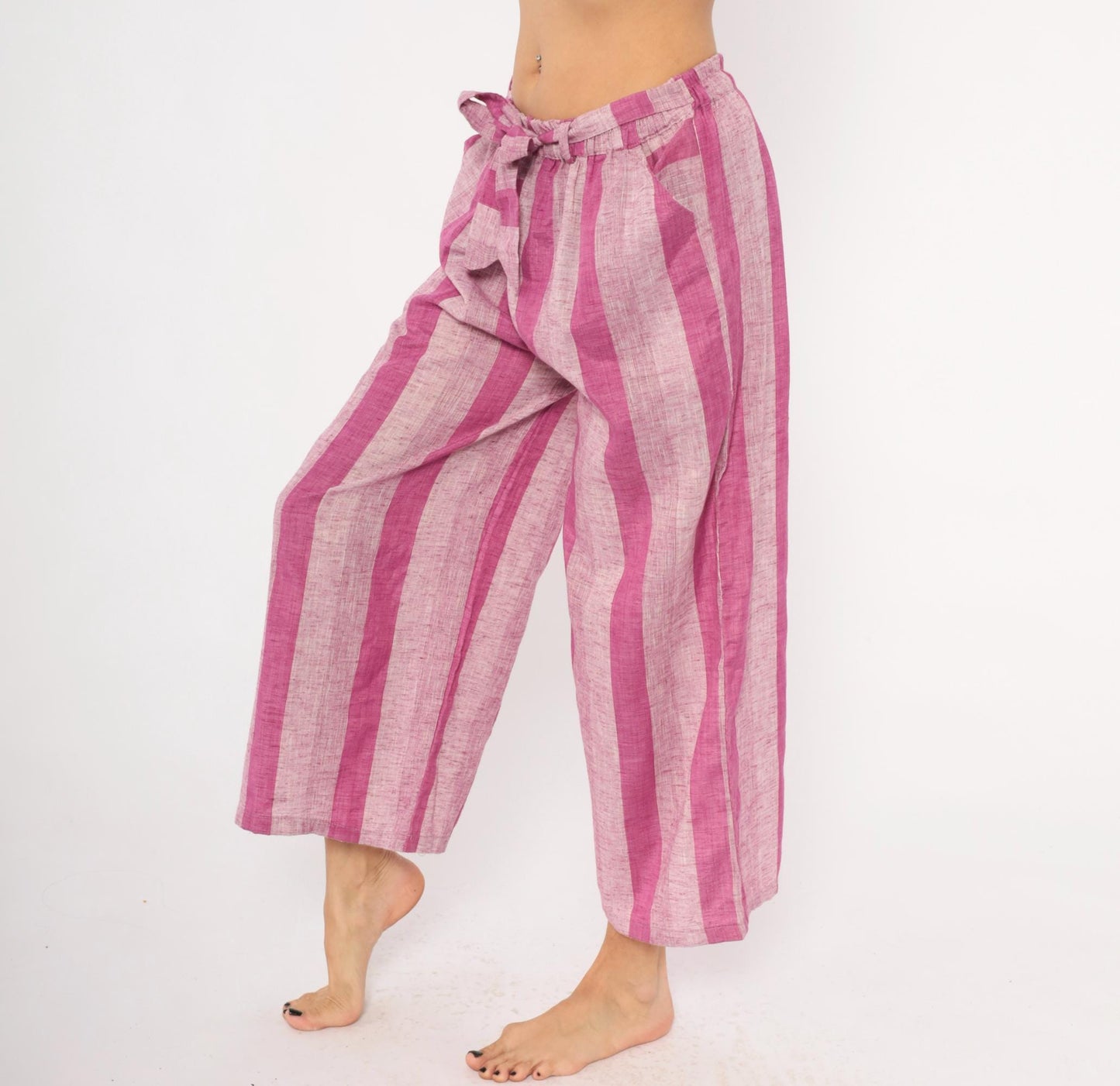 2000s Pink Plum Striped Wide Leg Cropped Pants Cotton Tie Waist Plus Size XXL