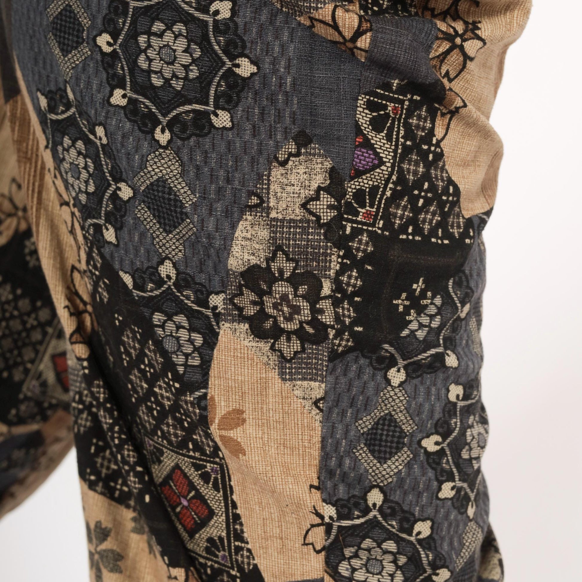 90s Patchwork Print Wide Leg Trousers Black Floral Geometric Elastic Waist Medium M