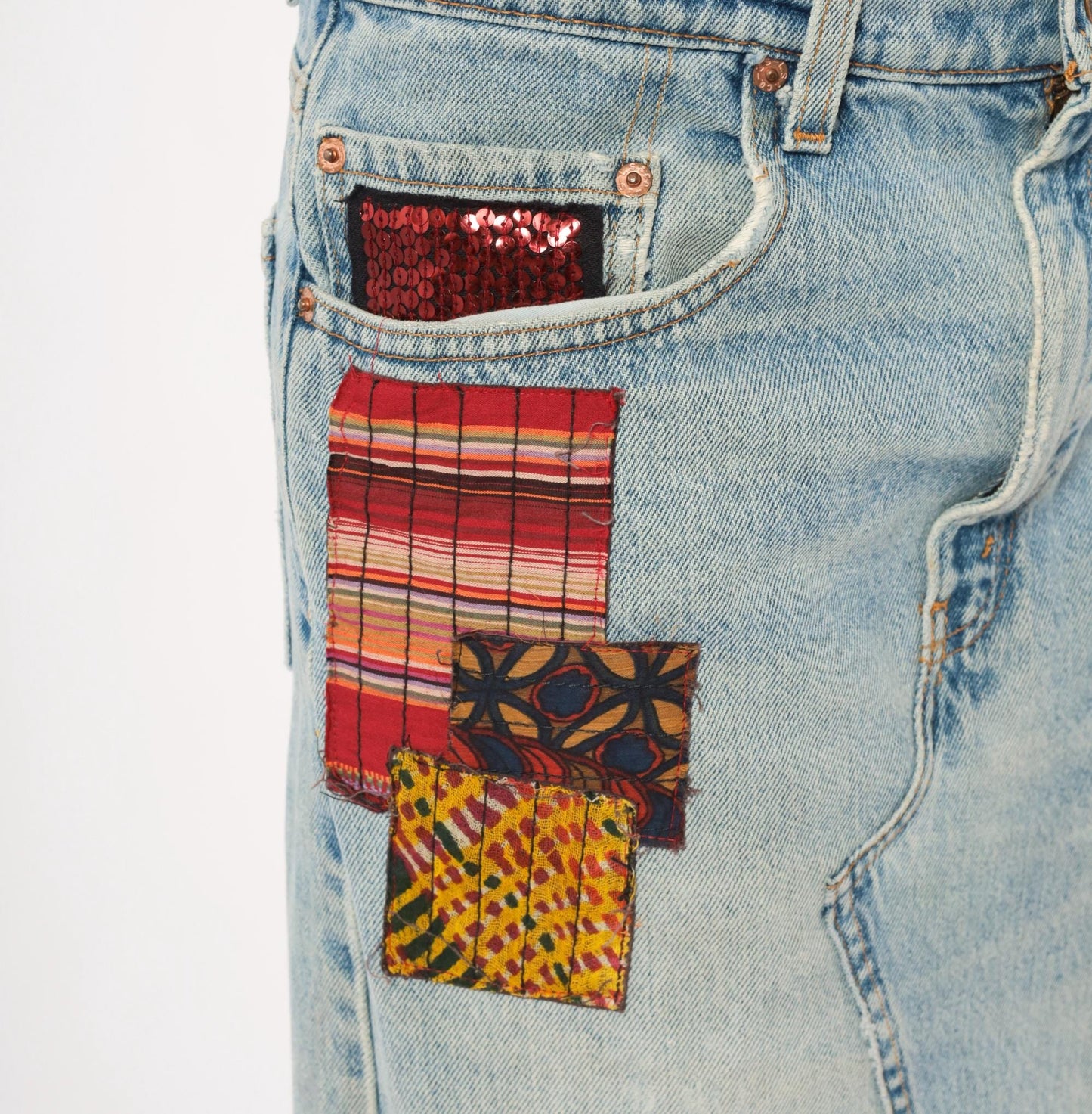 00s FP One Free People Patchwork Denim Maxi Skirt Light Wash Ruffled Small