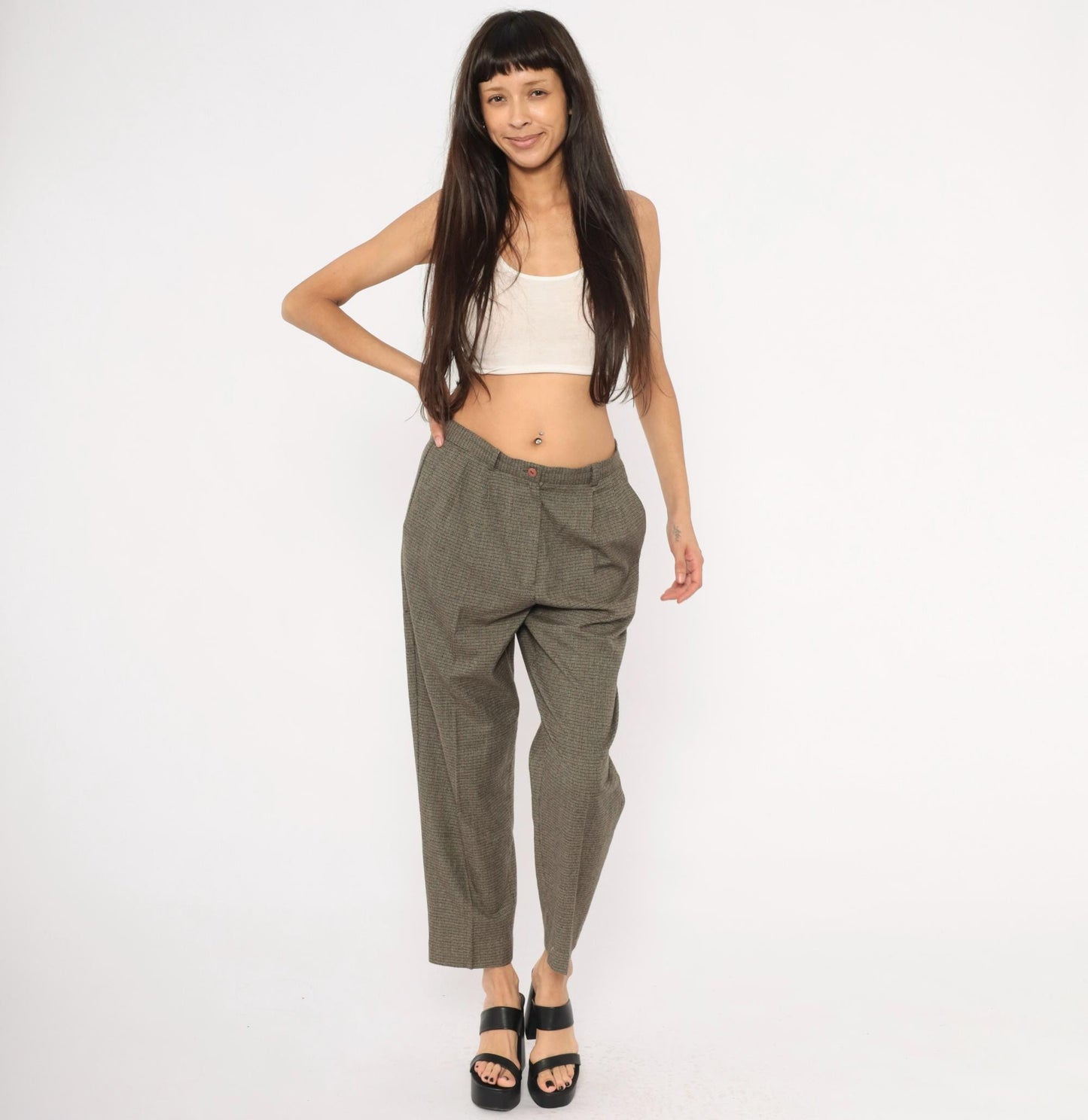 90s Requirements Houndstooth Pleated Trousers Olive High Waist Tapered Petite 8P