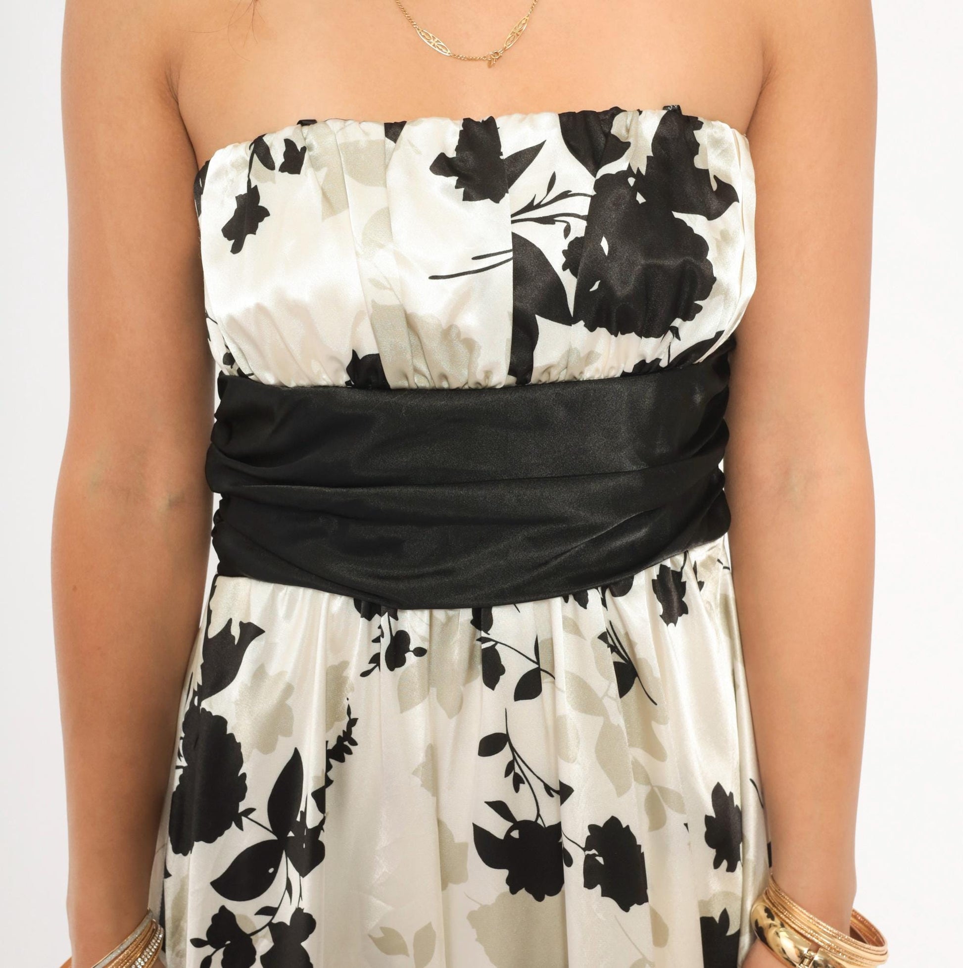 Y2K Intrigue Strapless Floral Mini Dress Black Cream Satin Empire Waist Medium