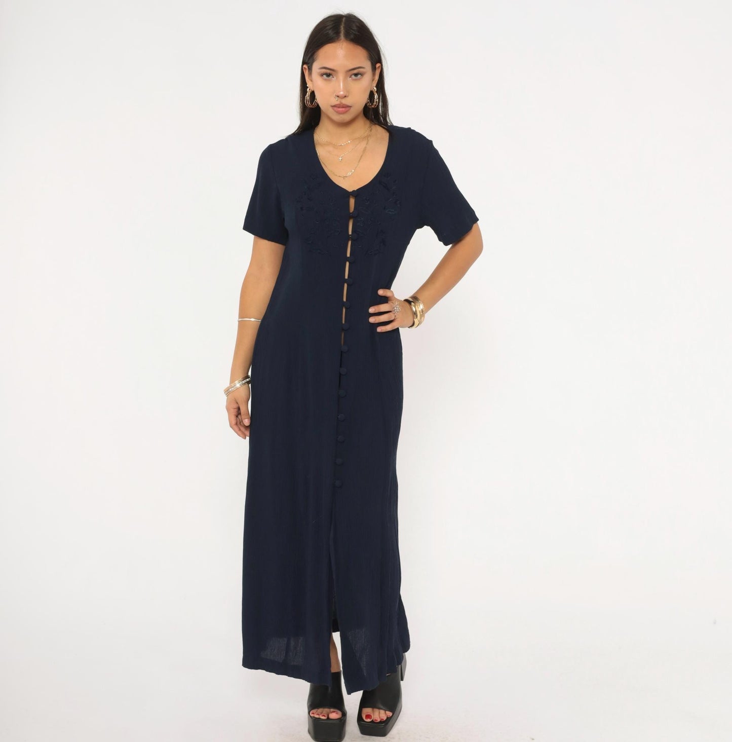 90s Fashion Bug Navy Maxi Dress Floral Embroidery Button Front Medium Large