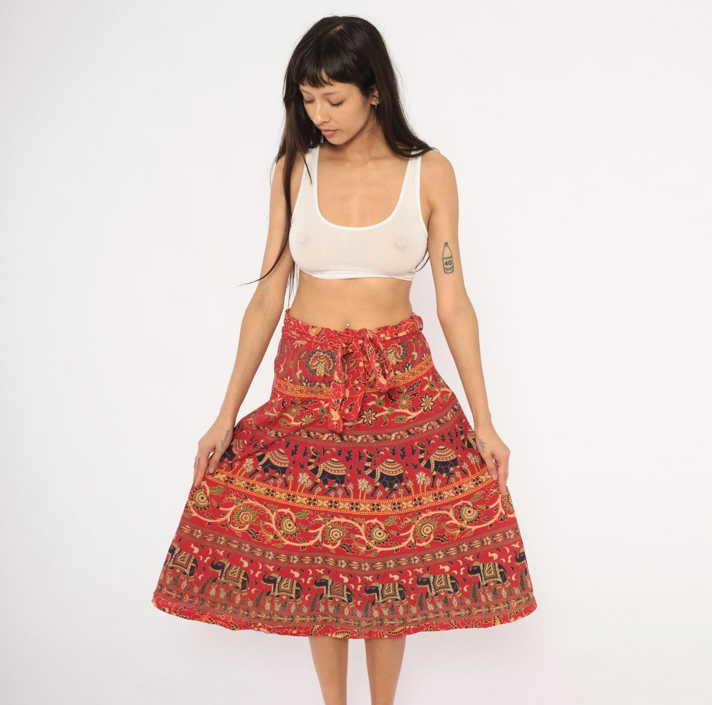 90s Indian Block Print Cotton Wrap Skirt Red Elephant Floral Small