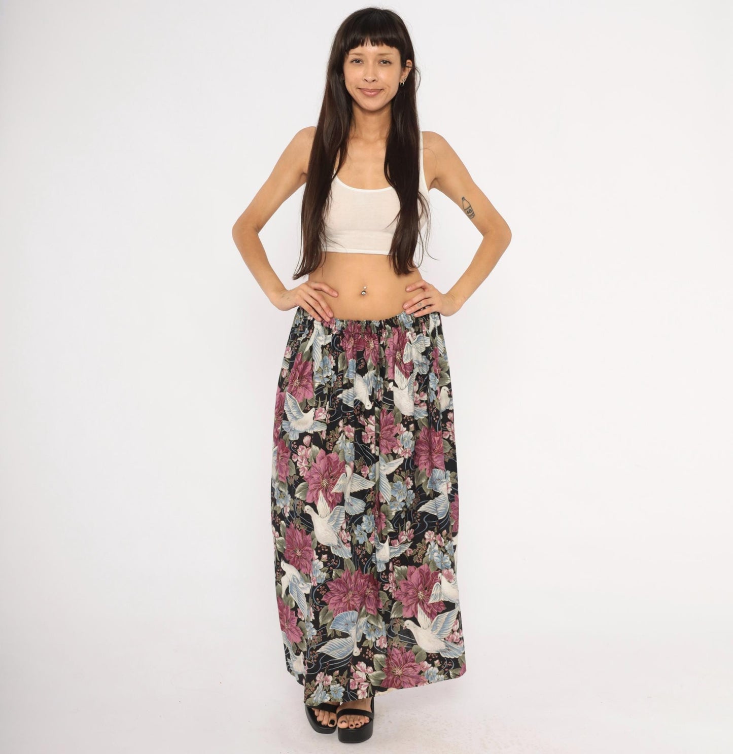 80s Navy Dove Poinsettia Maxi Skirt Cotton Floral A-Line Medium Large