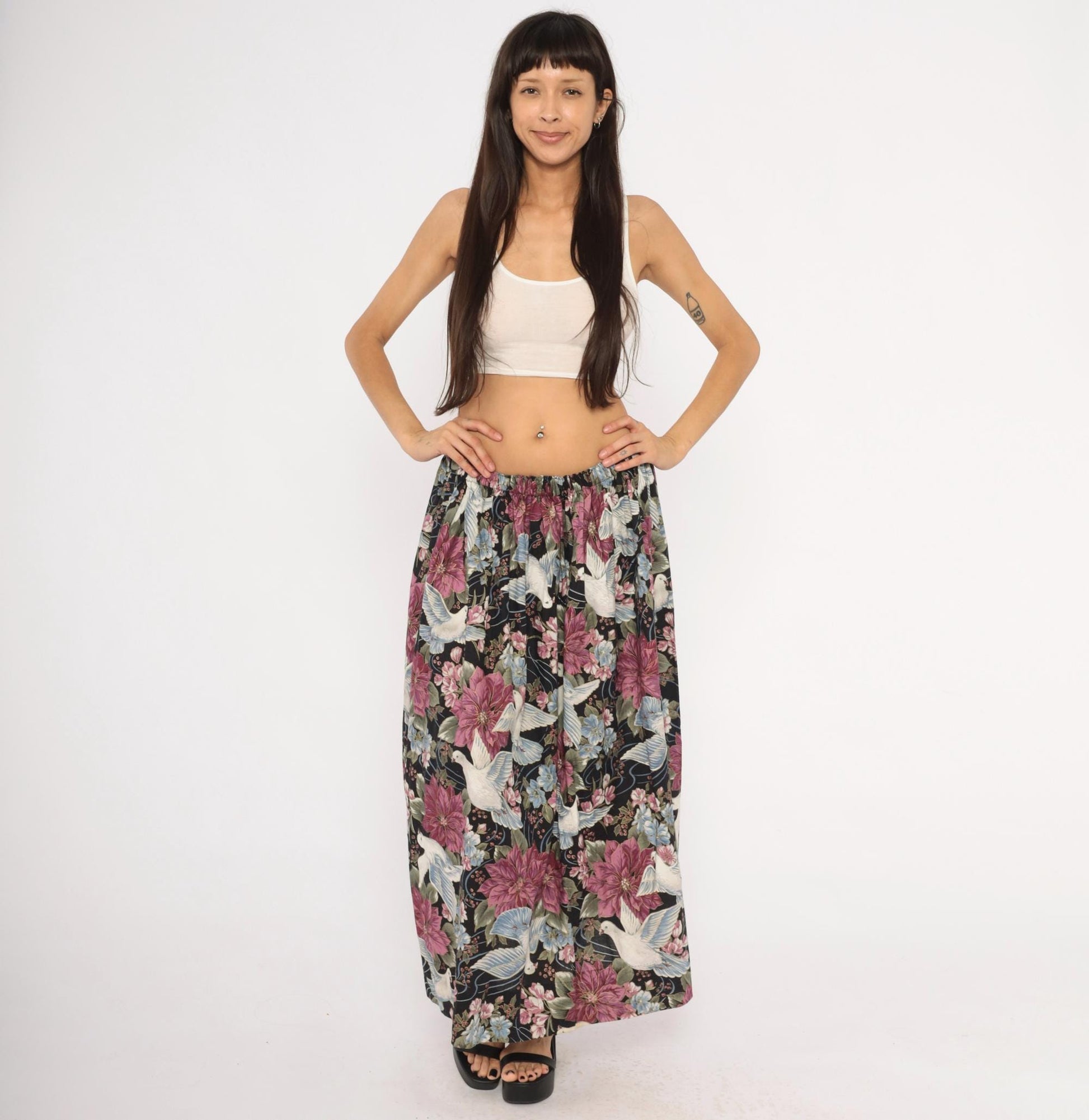 80s Navy Dove Poinsettia Maxi Skirt Cotton Floral A-Line Medium Large
