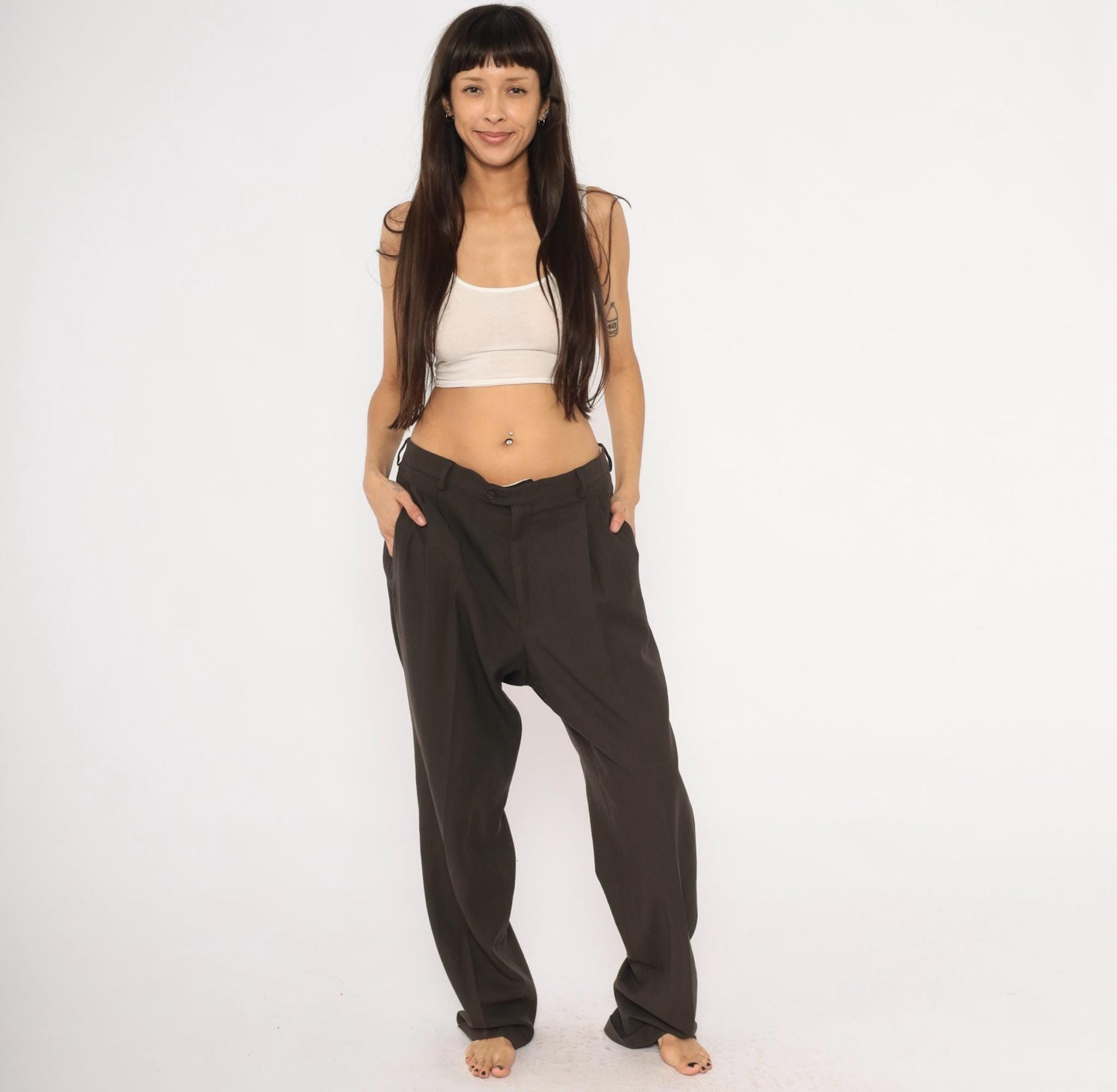 70s Wool Pleated Trousers Brown Micro-Check Wide Leg Dress Pants 36x33