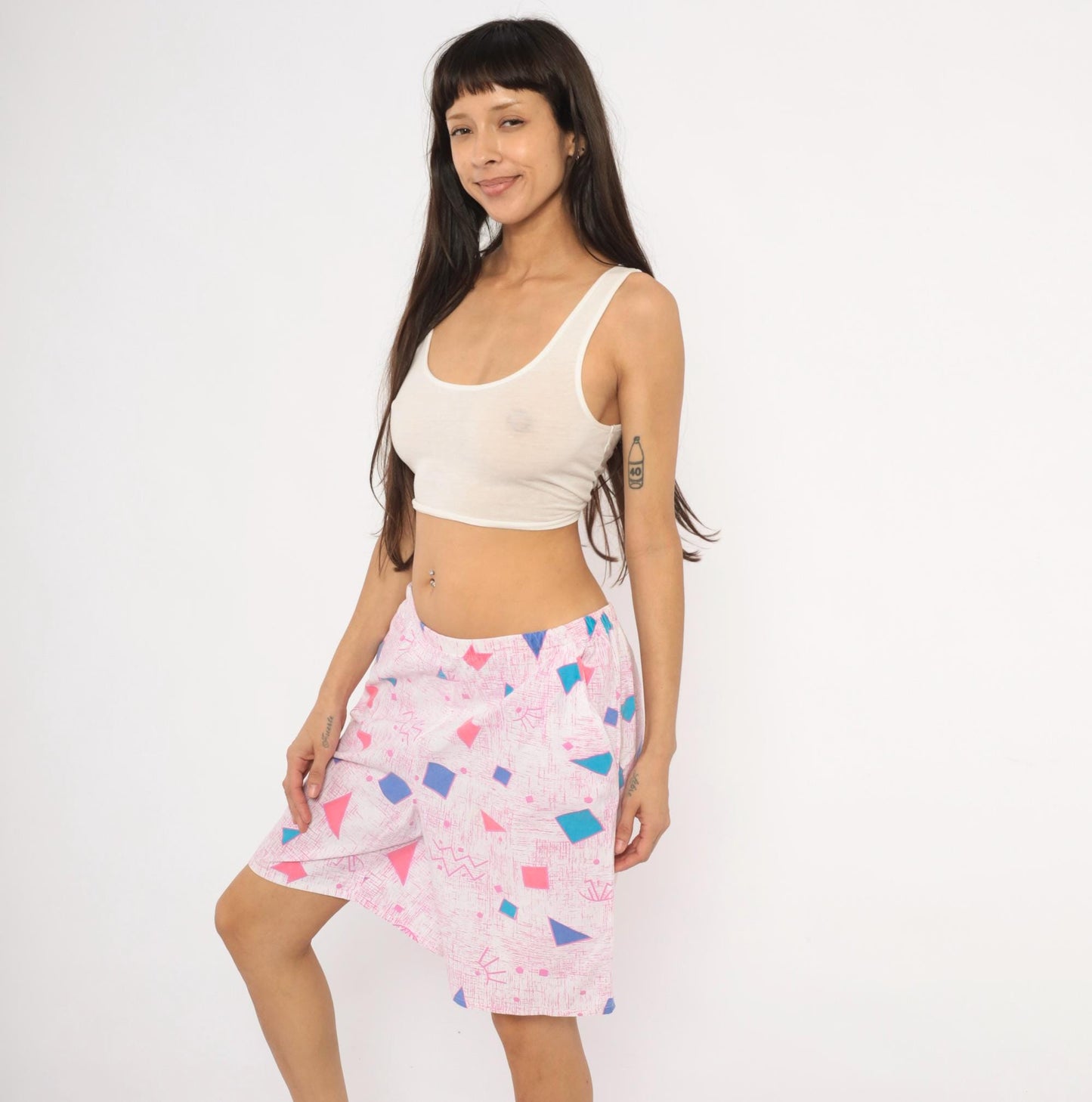 80s Geometric Triangle Shorts Pink Teal Blue Cotton Knee-Length Medium