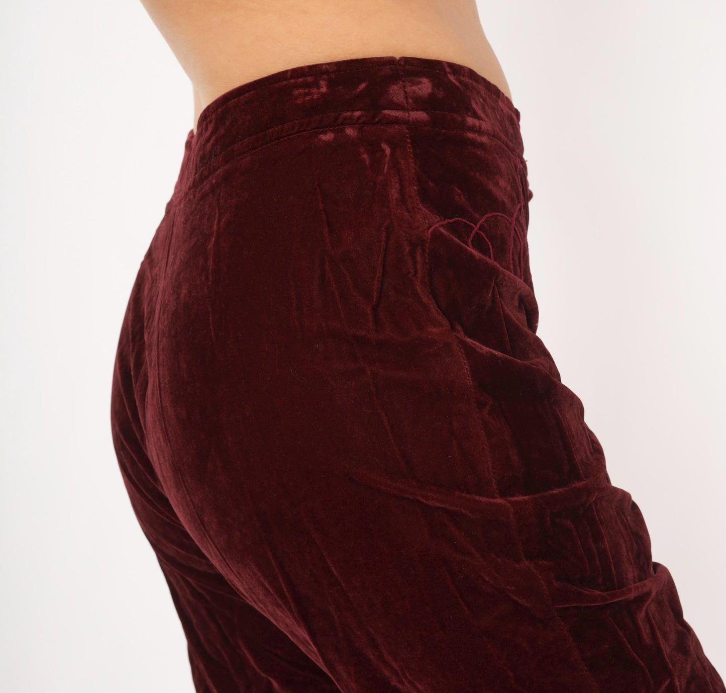 70s Burgundy Crushed Velvet Flare Pants Embroidered Low Rise Medium M