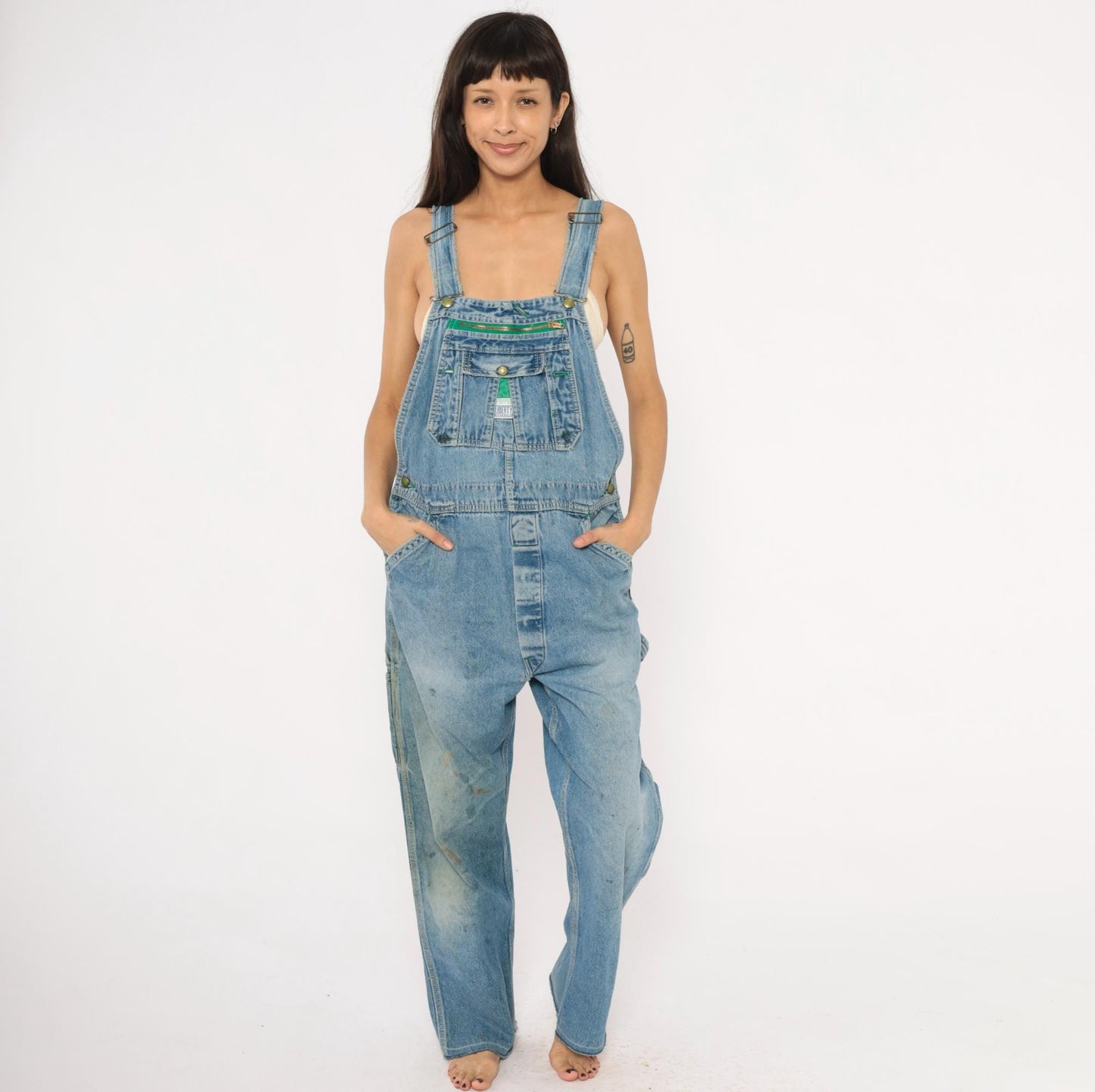 90s Liberty Denim Bib Overalls Green Zipper Distressed Workwear Medium