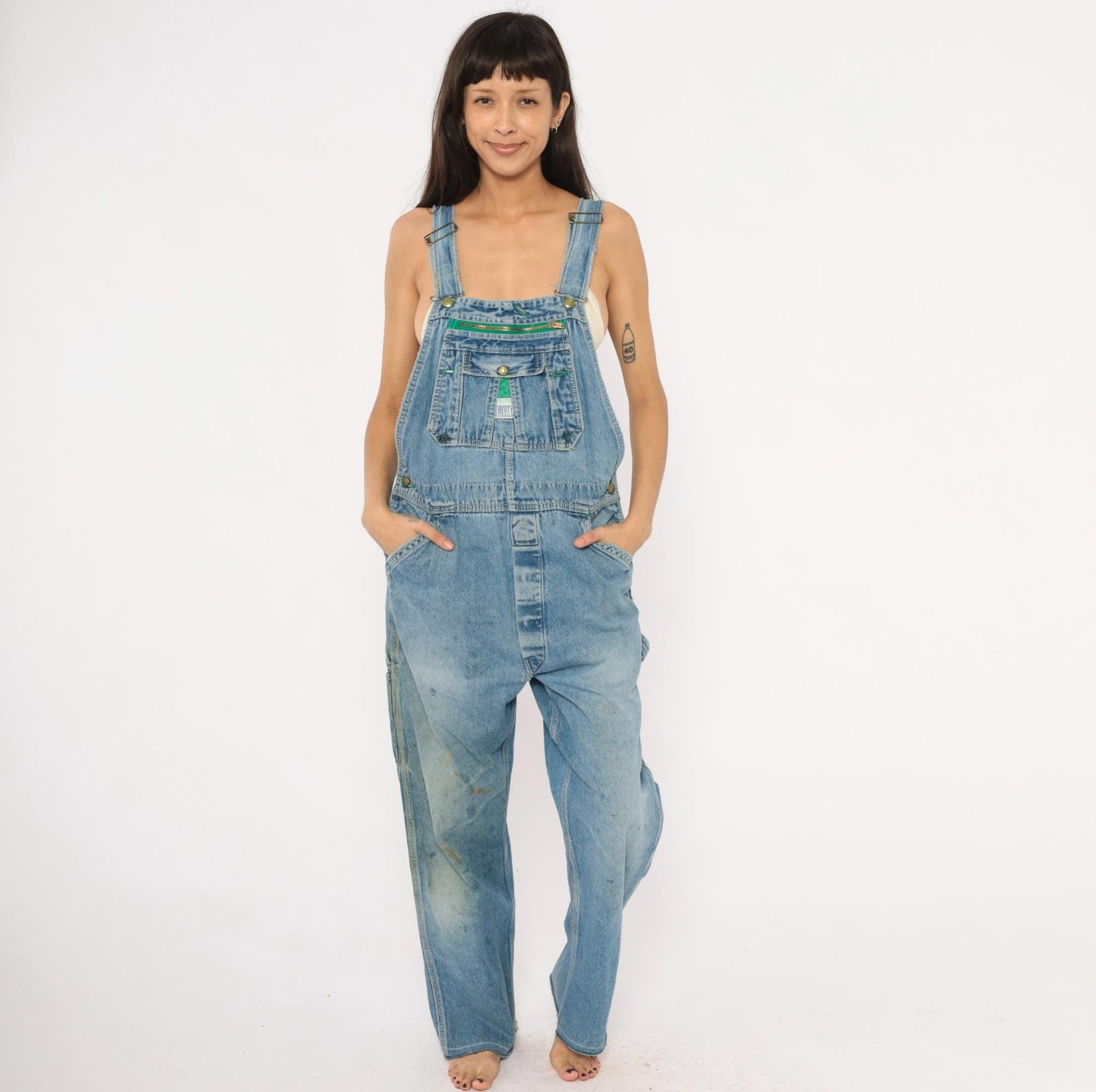 90s Liberty Denim Bib Overalls Green Zipper Distressed Workwear Medium
