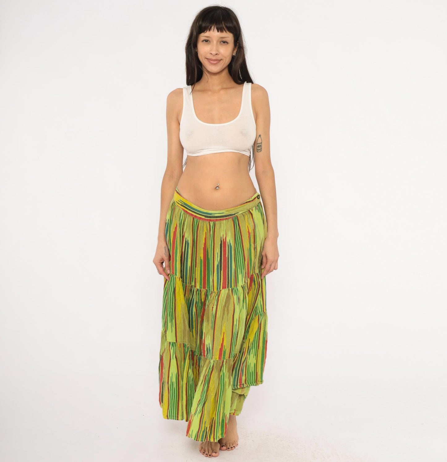 2000s Mason's Ikat Tiered Maxi Skirt Green Yellow Red Woven Large L