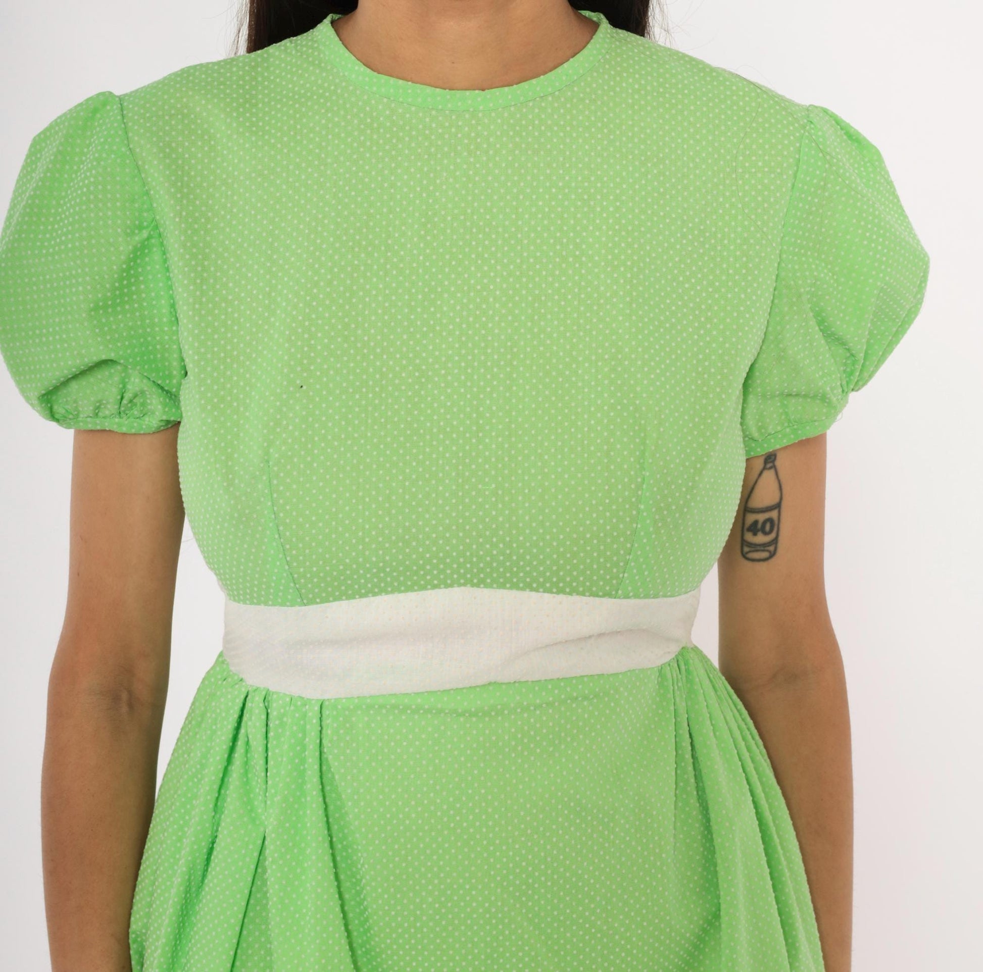 70s Lime Green Polka Dot Puff Sleeve Mini Dress Cotton Bow Waist Small S