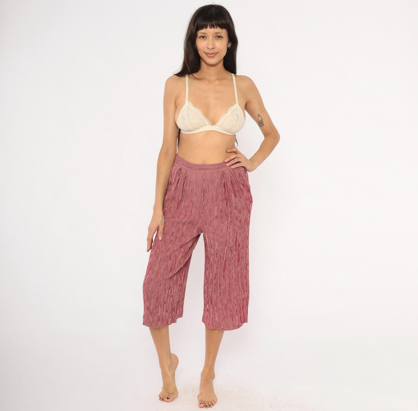 80s Leslie Fay Burgundy Striped Pleated Culottes Wide Leg Cropped Medium