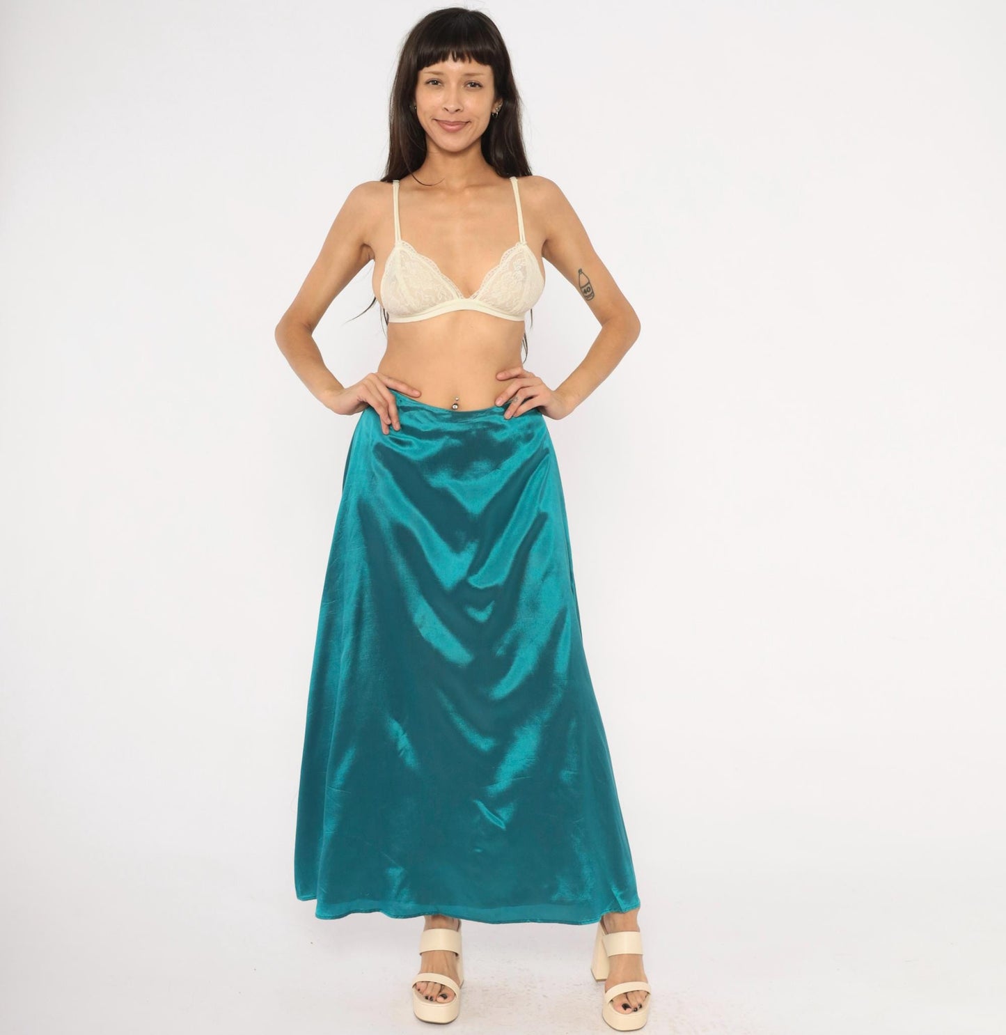 90s Star CCC Teal Satin A-Line Maxi Skirt High Waist Small S