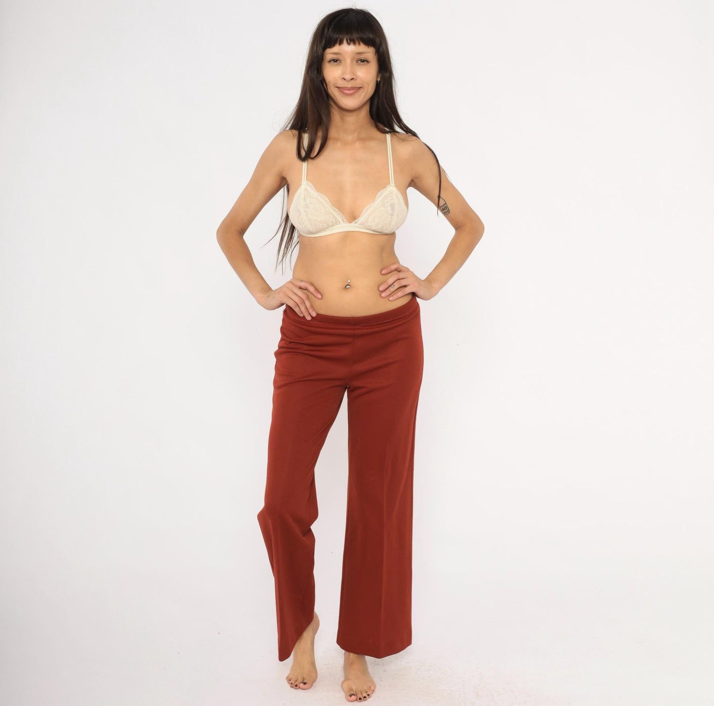 70s Rust Wide Leg Pants Elastic Waist Flare Bottom Pull On Trousers Large L