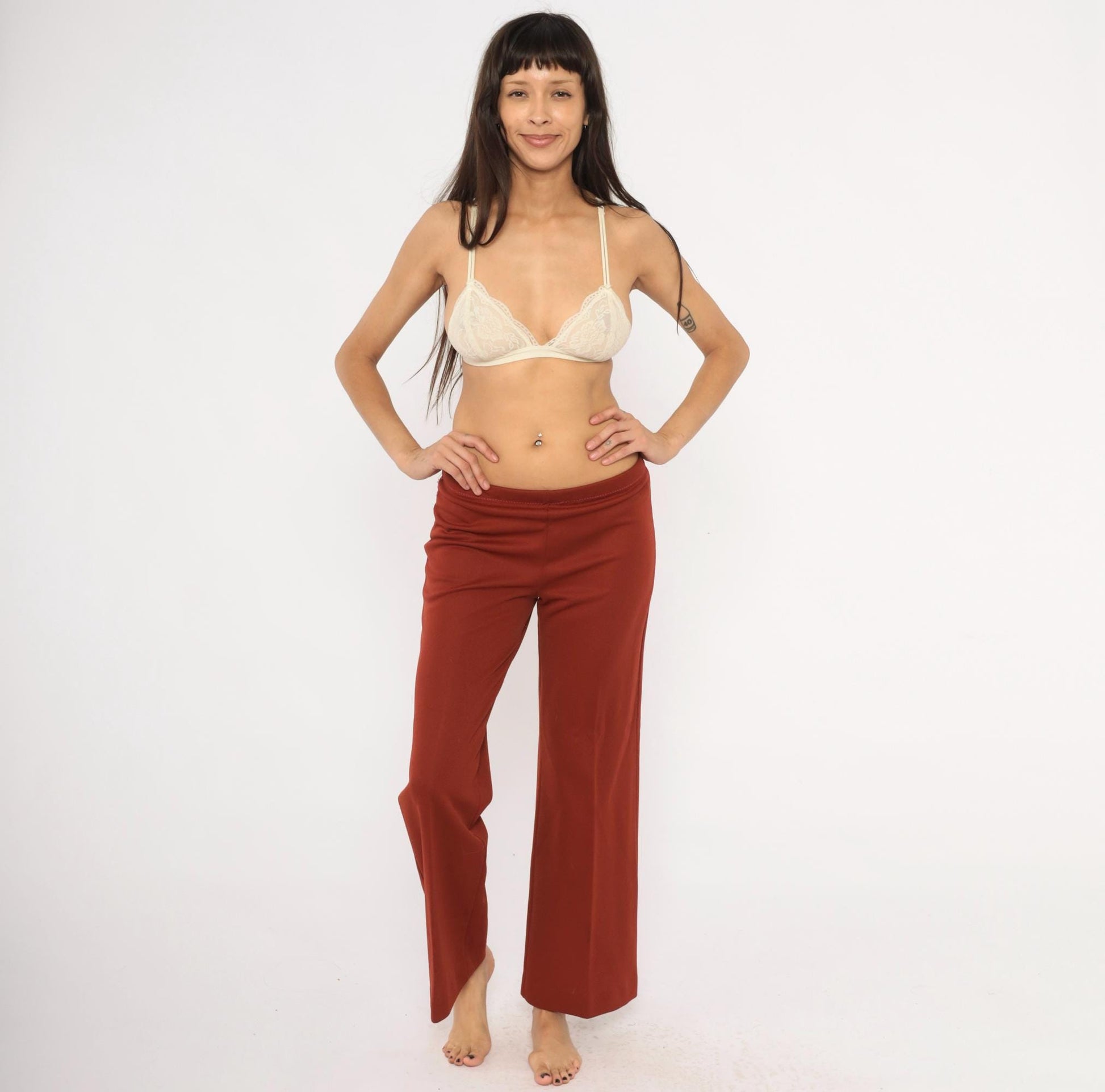 70s Rust Wide Leg Pants Elastic Waist Flare Bottom Pull On Trousers Large L