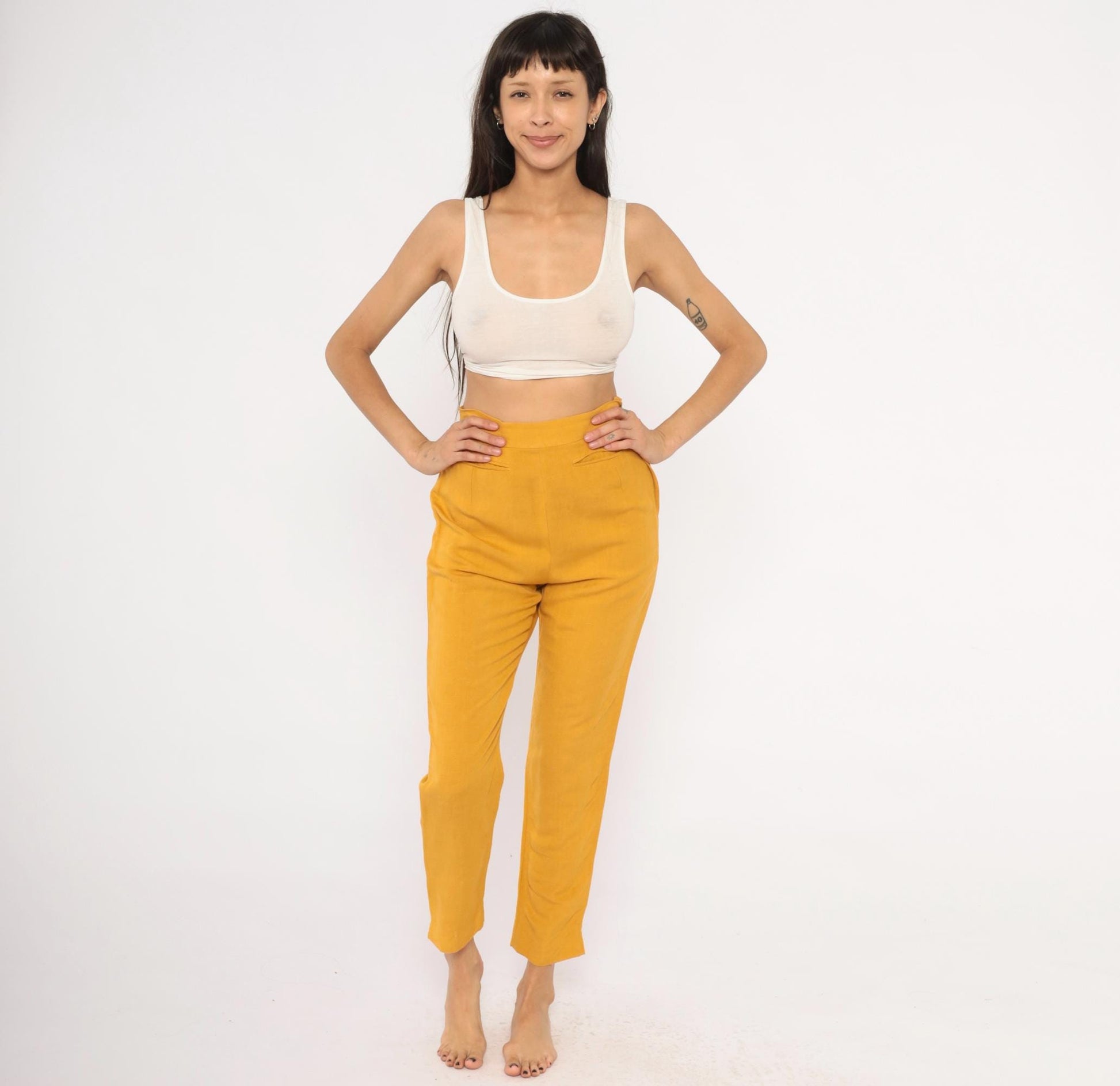 90s Sāke Mustard Linen High-Waist Tapered Trousers Extra Small XS
