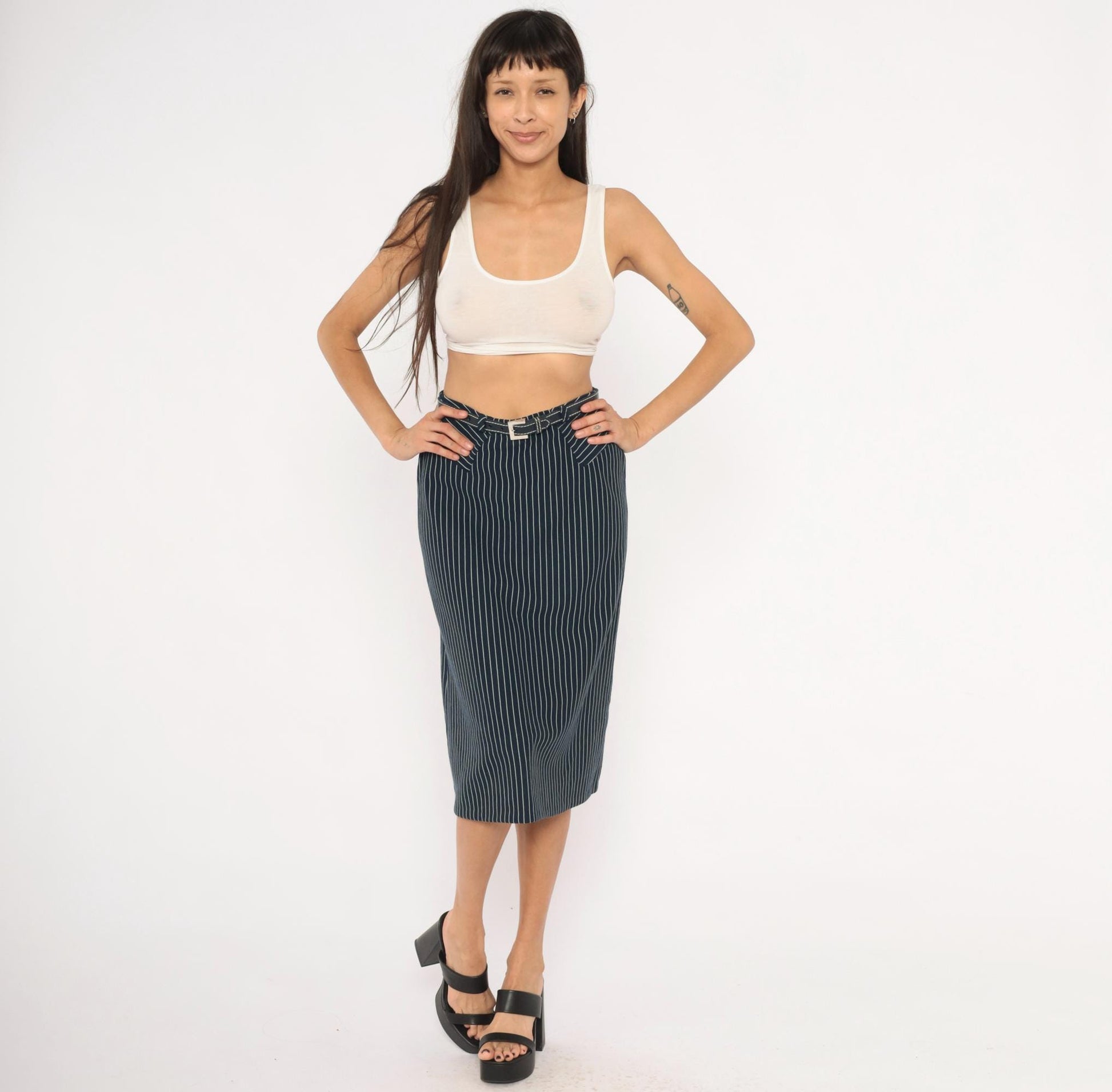 70s Jantzen Navy Pinstripe Midi Skirt Belted White Stripe Small S