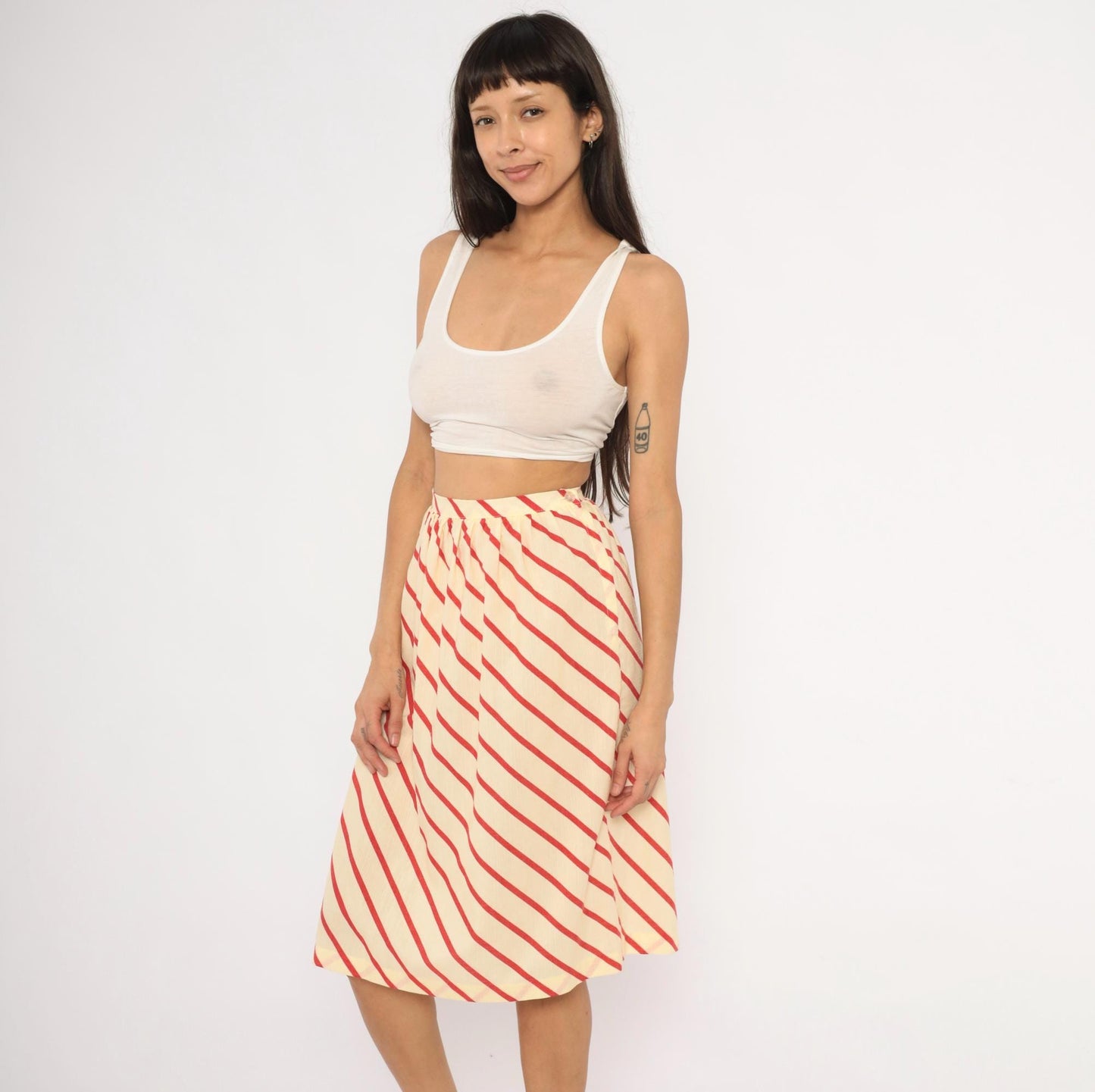 60s Bryn Mawr Diagonal Stripe A-Line Skirt Red Cream Knee Length Extra Small XS