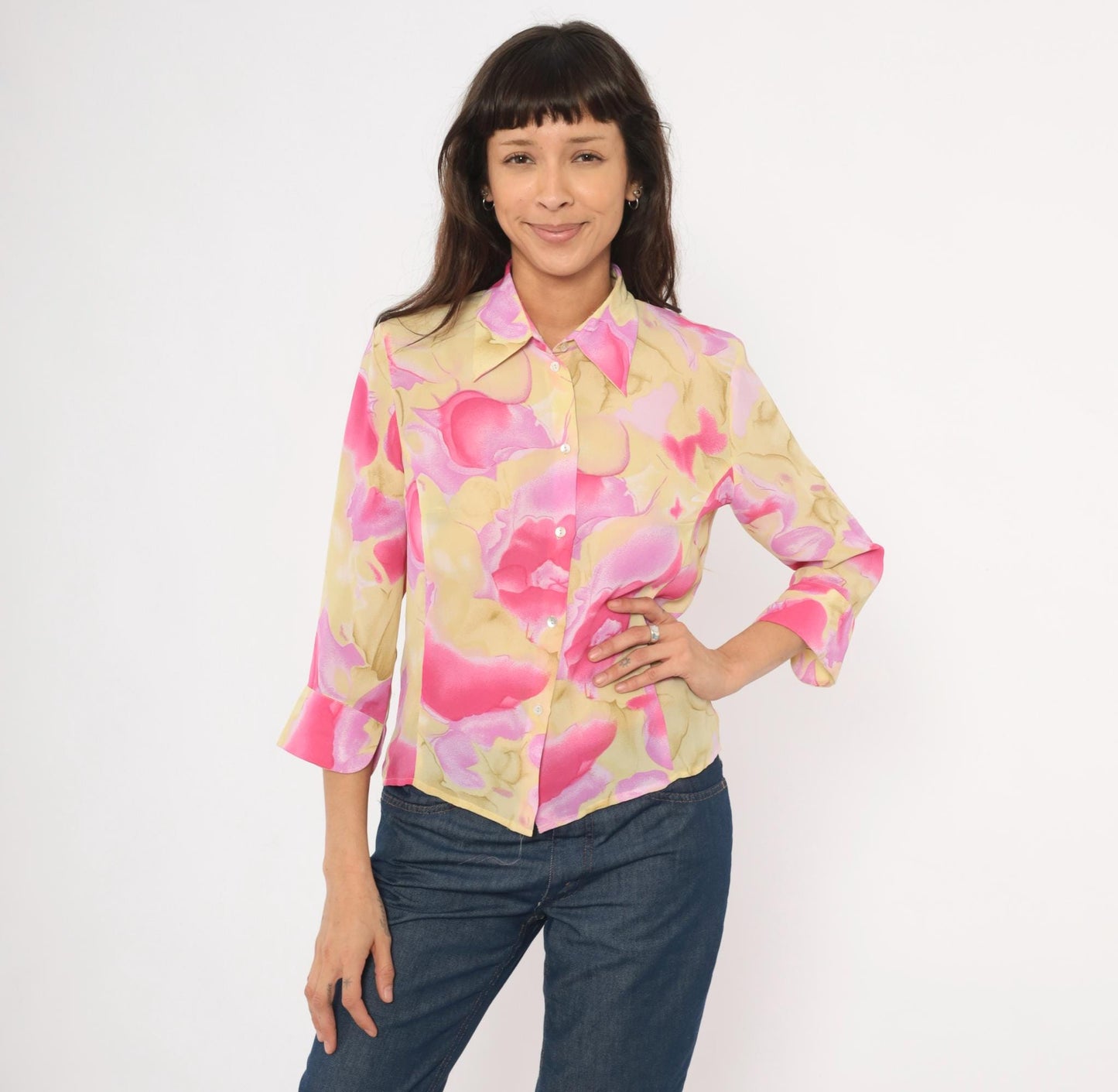 90s Caviar Watercolor Floral Sheer Blouse Pink Pointed Collar Small