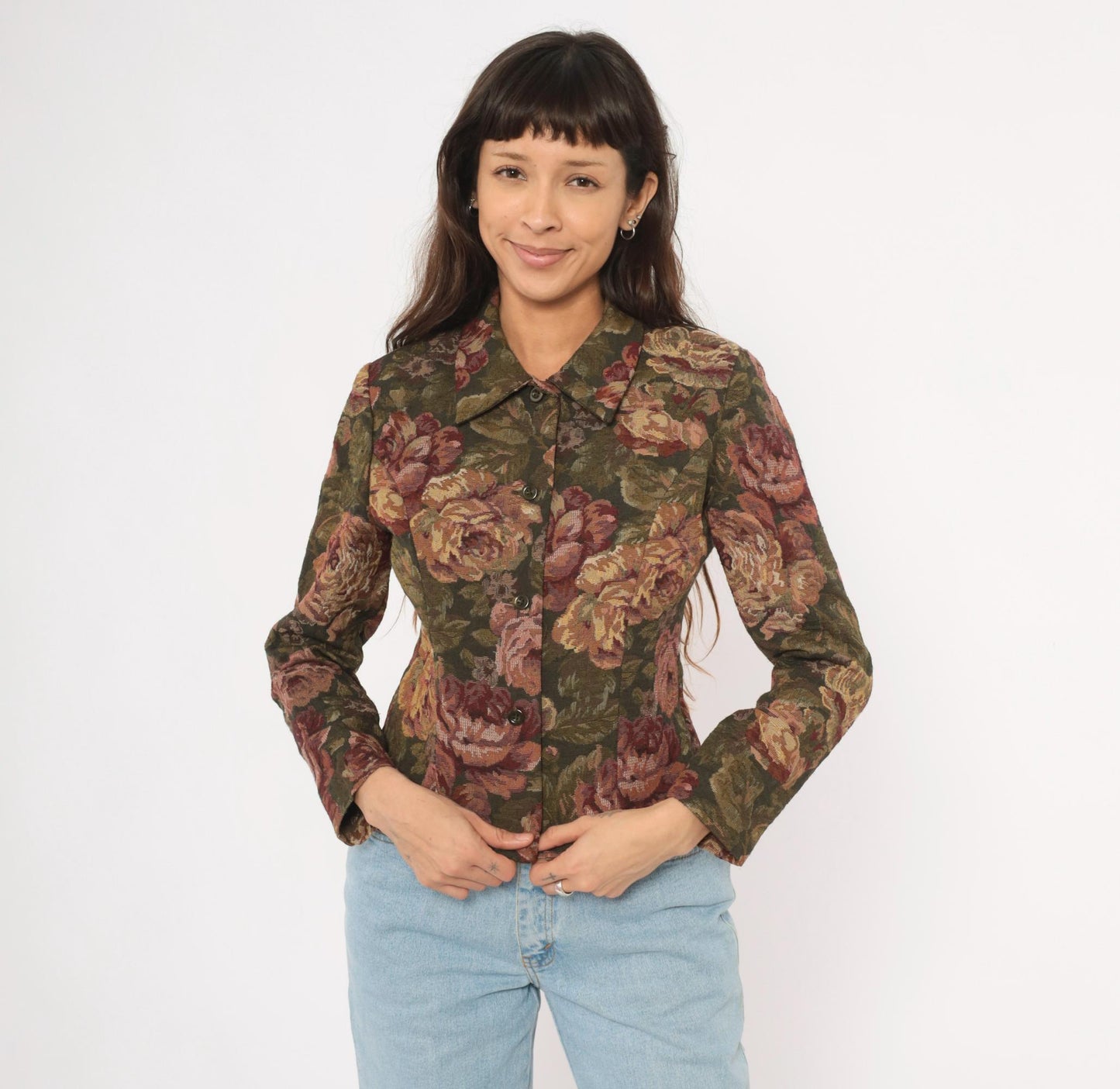 90s Jessica Howard Floral Tapestry Blazer Olive Burgundy Fitted XS