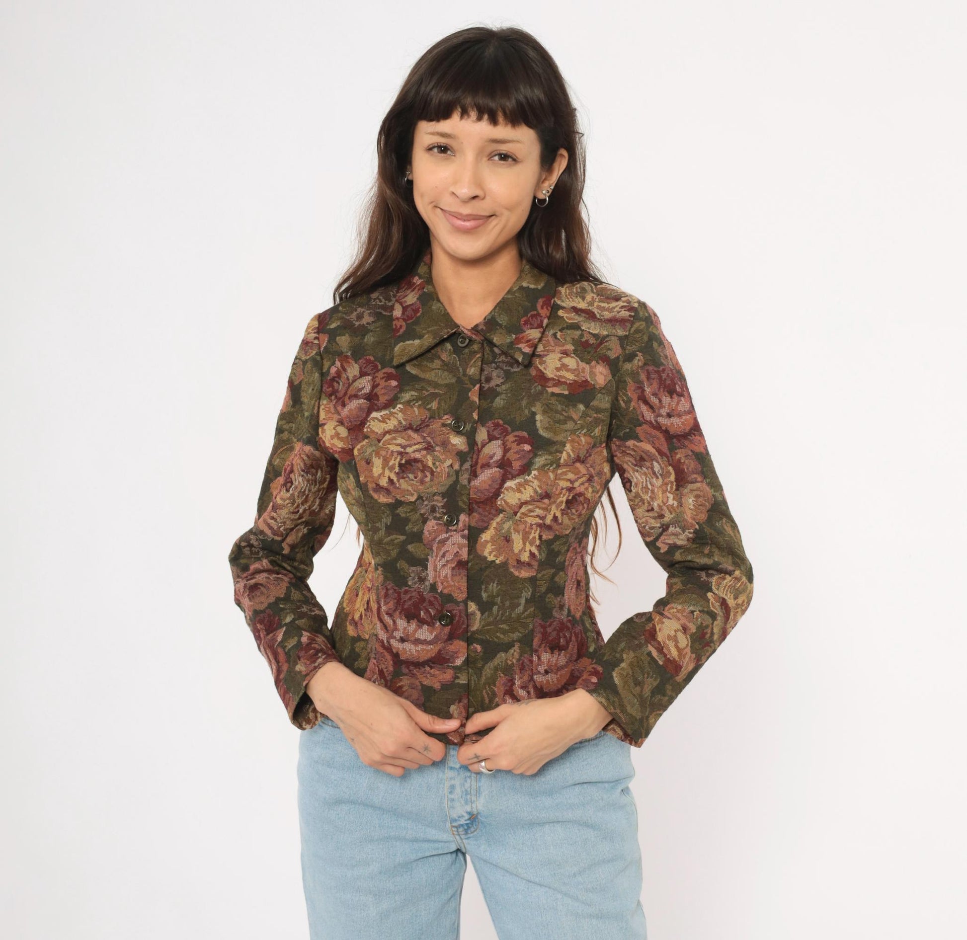 90s Jessica Howard Floral Tapestry Blazer Olive Burgundy Fitted XS
