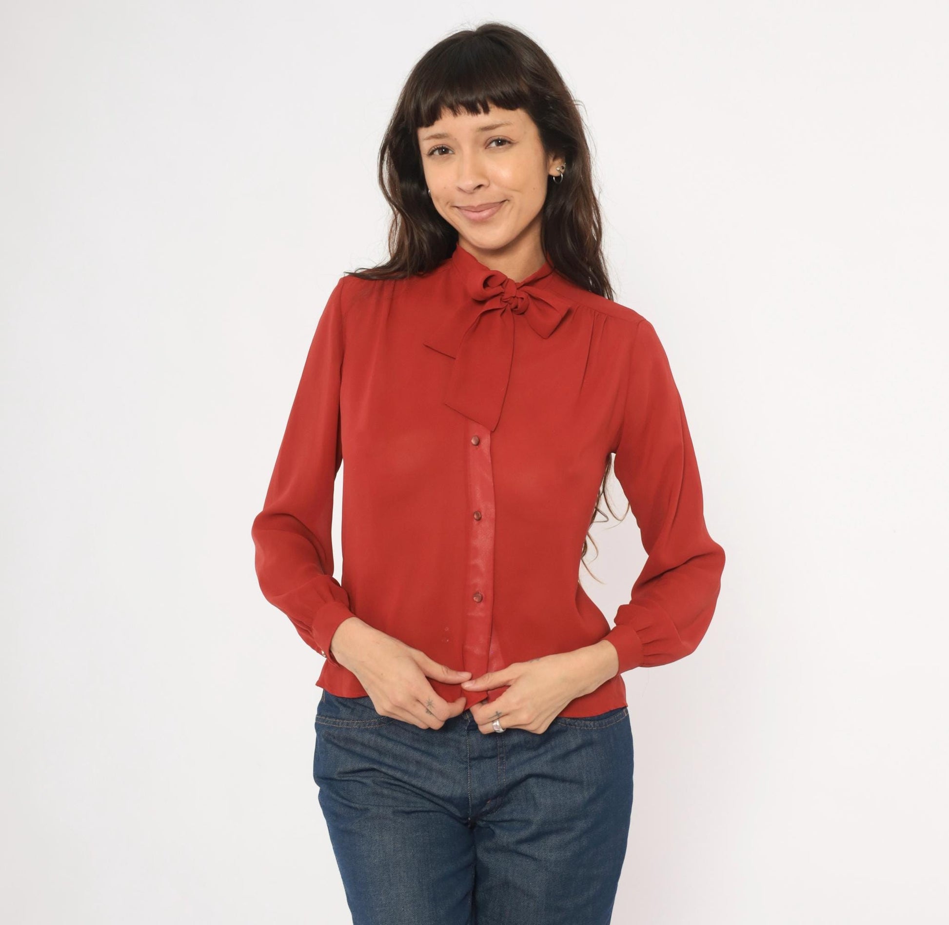 70s Kanga Petite Bow Neck Blouse Rust Terra Cotta Button Front Small