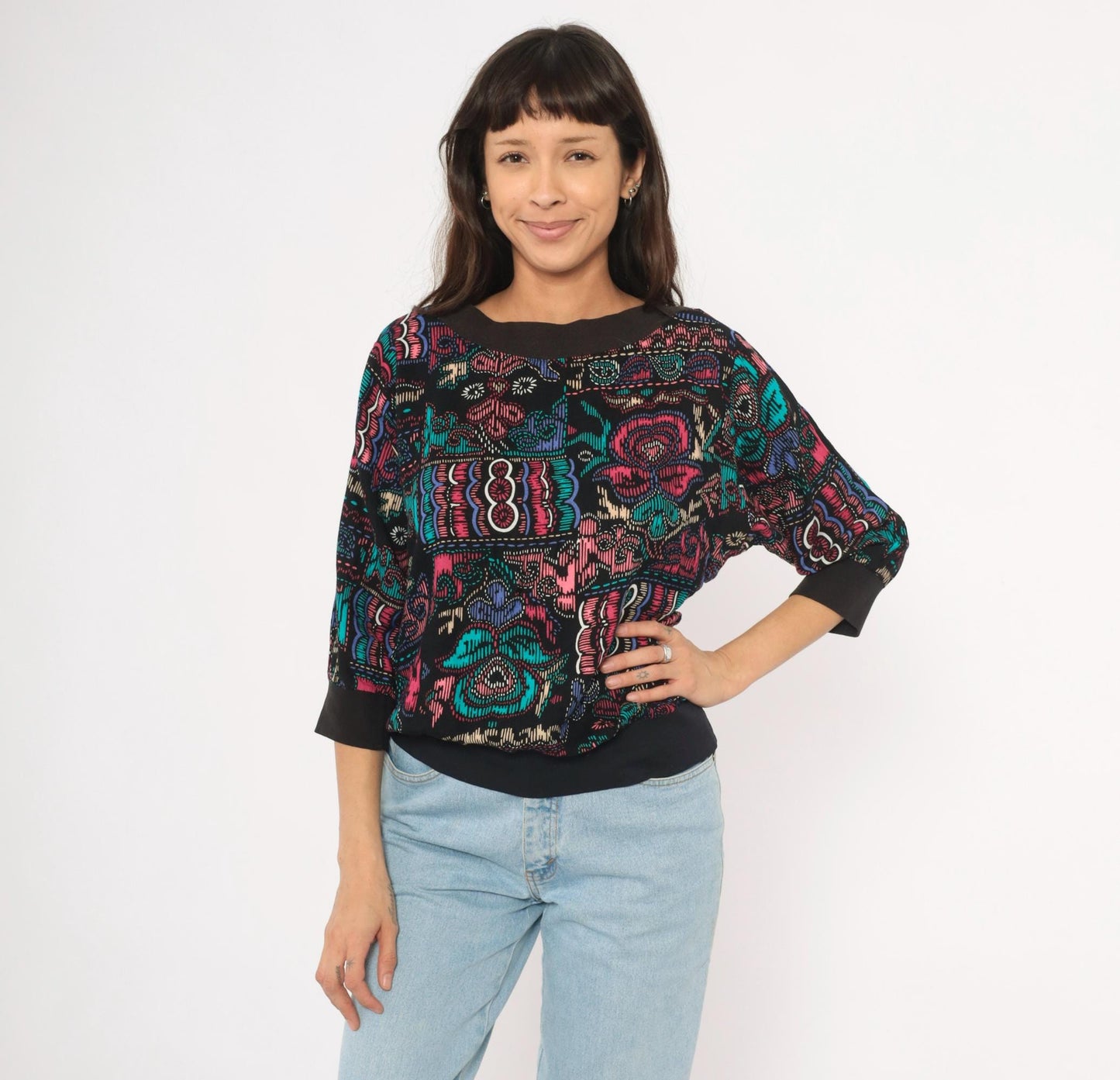 90s Abstract Pullover Blouse Boat Neck Teal Pink Black Graphic Medium M
