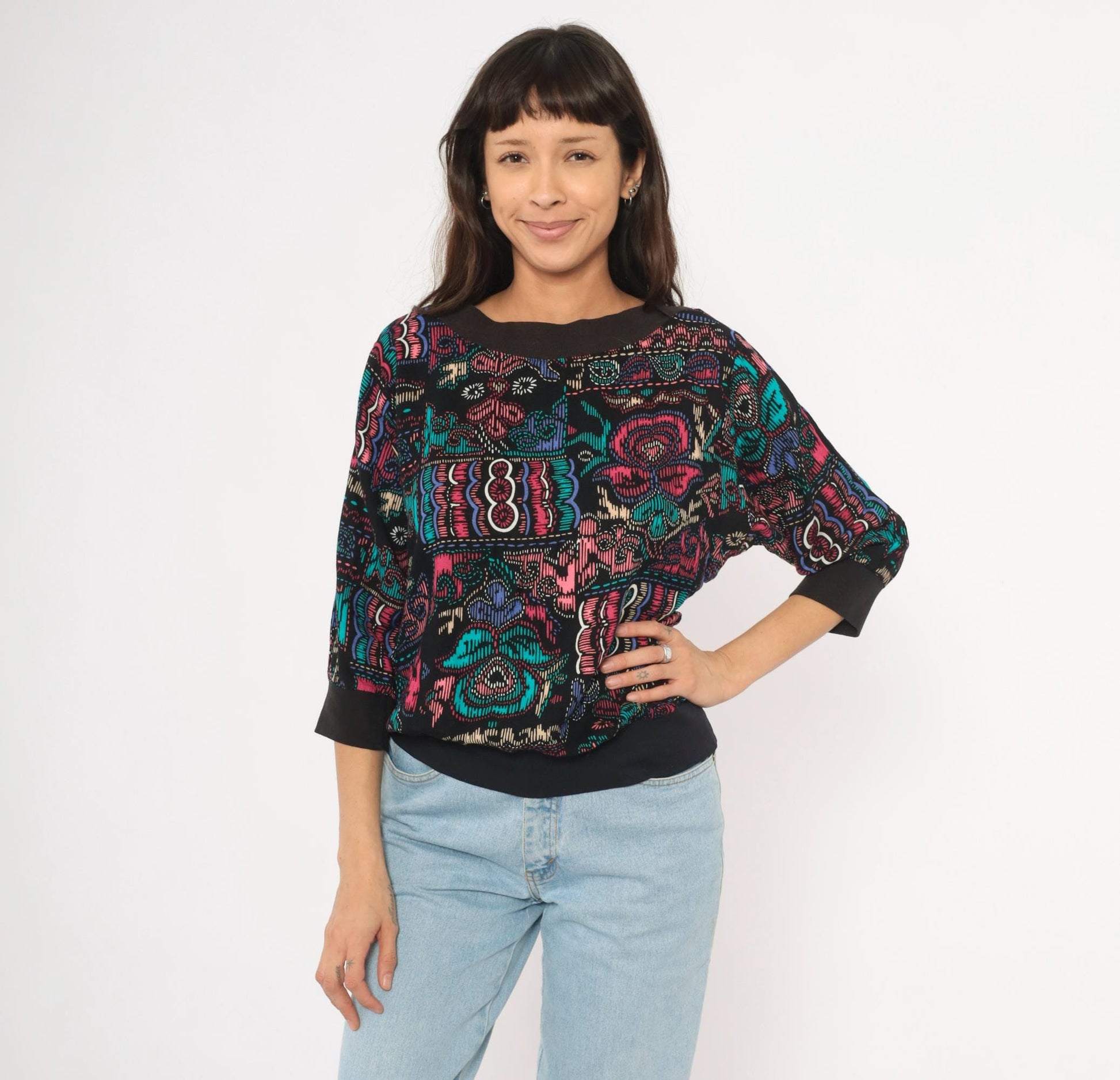 90s Abstract Pullover Blouse Boat Neck Teal Pink Black Graphic Medium M