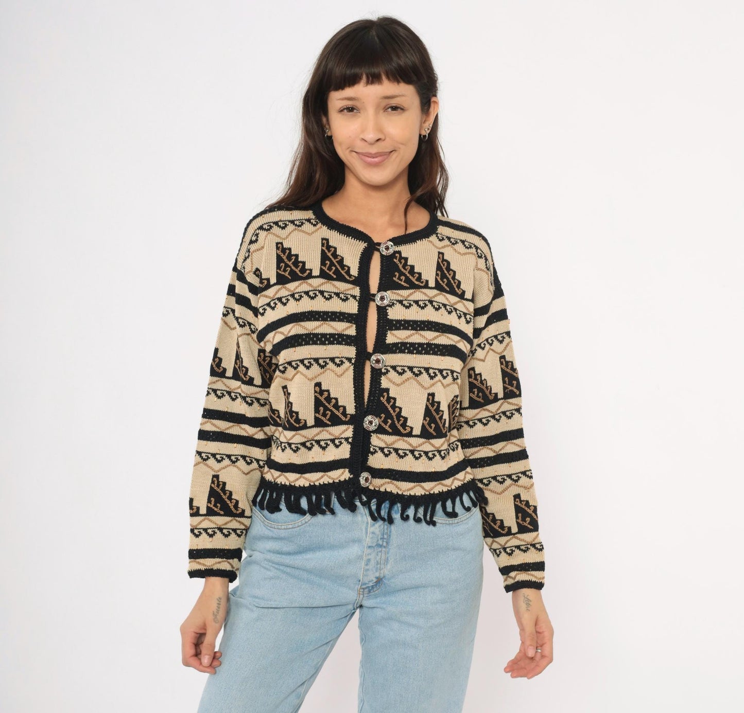 2000s Peruvian Connection Cardigan Cream Black Geometric Fringe Pima Cotton Medium M
