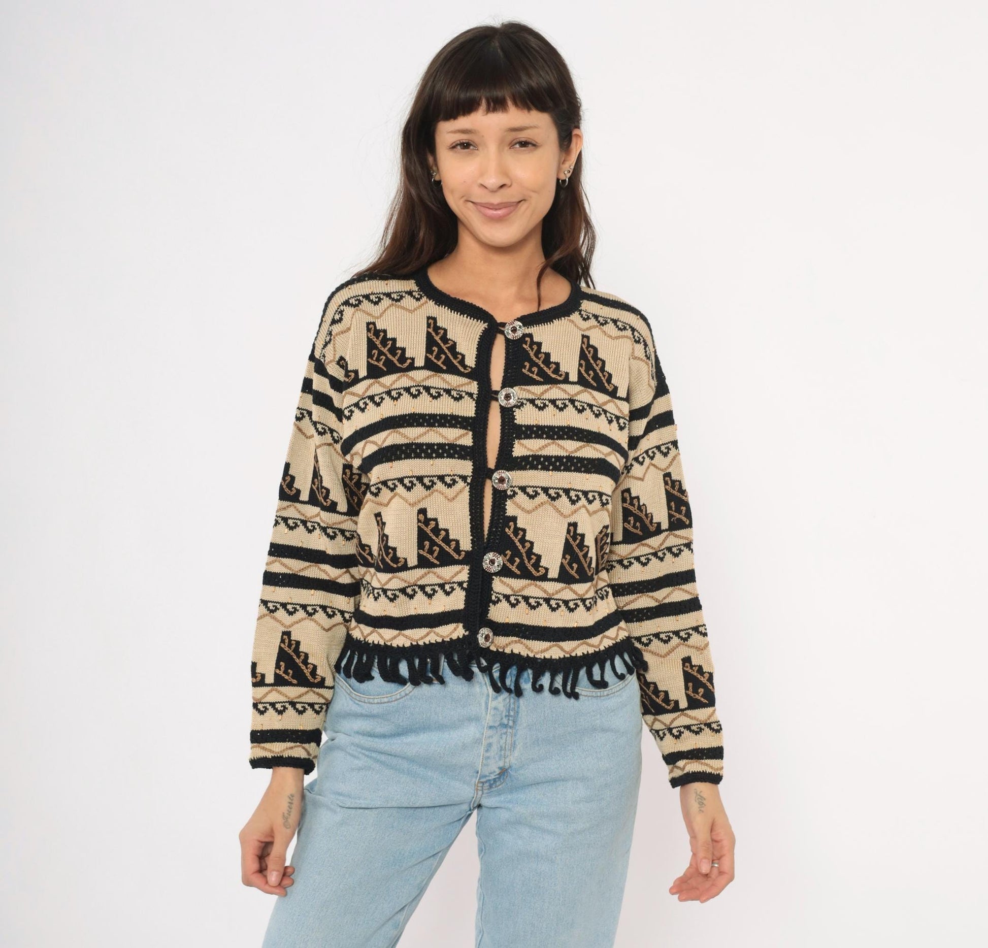 2000s Peruvian Connection Cardigan Cream Black Geometric Fringe Pima Cotton Medium M