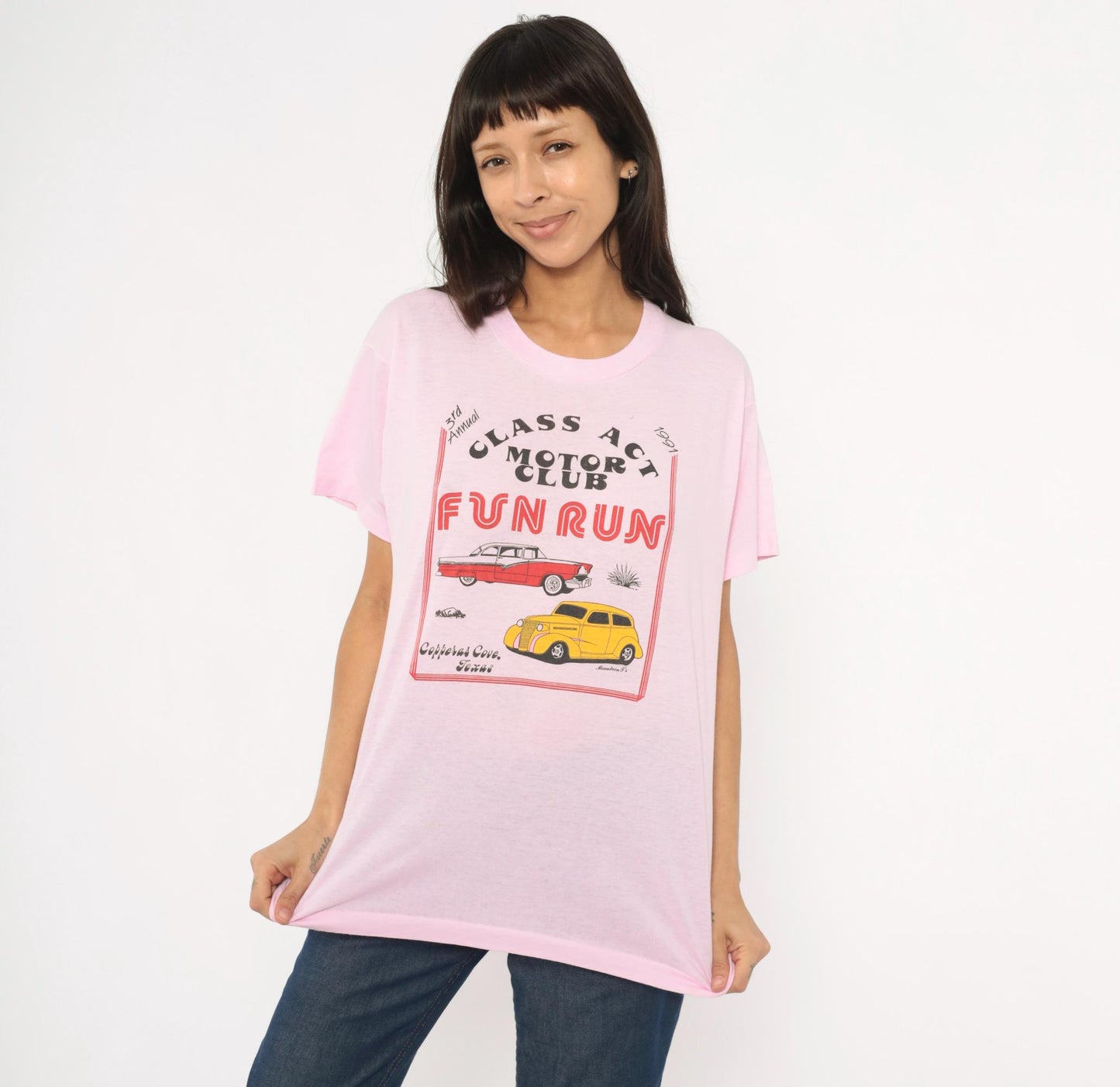 80s Screen Stars Class Act Motor Club Hot Rod Tee Pink Graphic XL