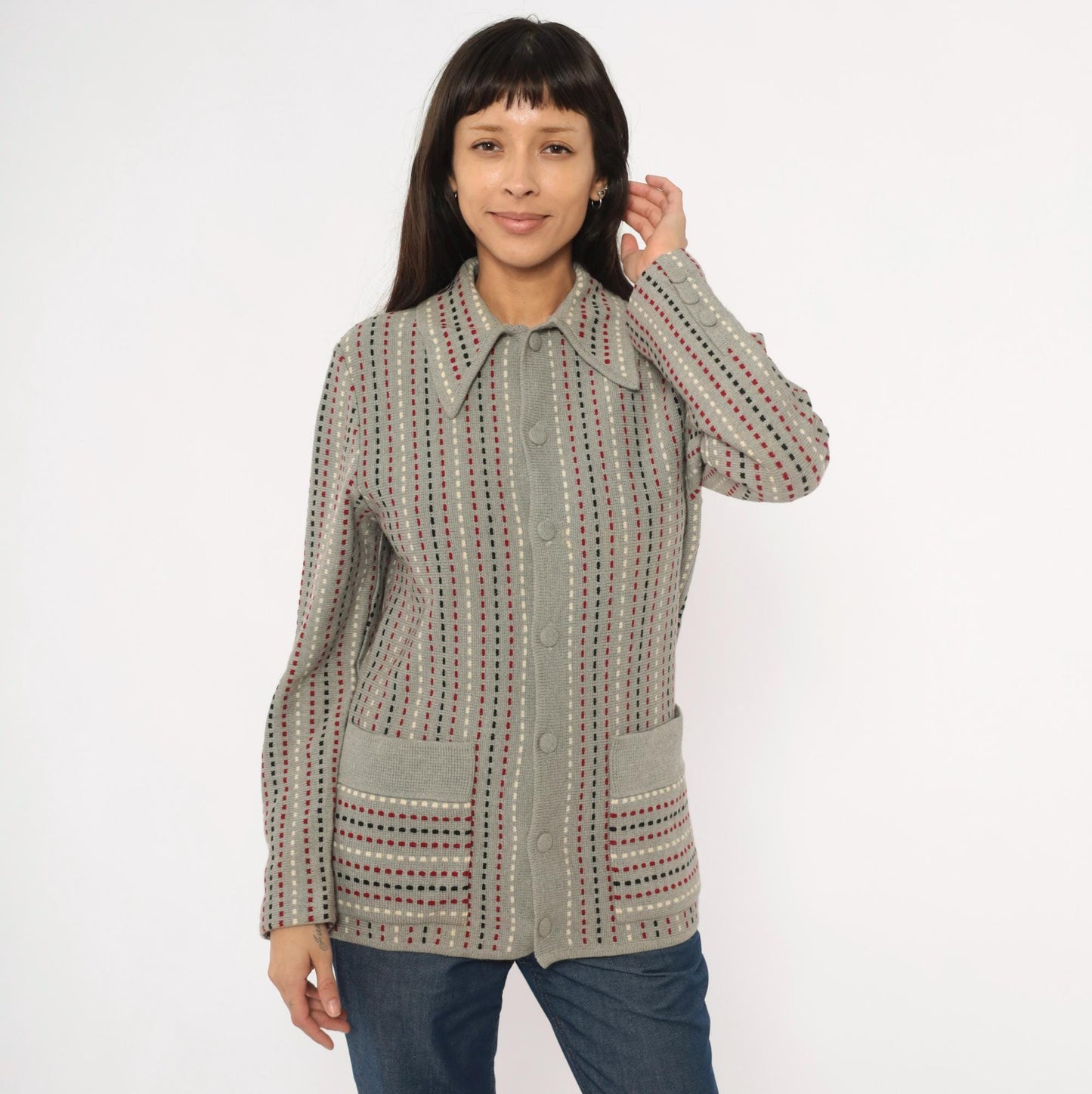 70s Damon Wool Cardigan Grey Dotted Stripe Burgundy Black Cream Medium M