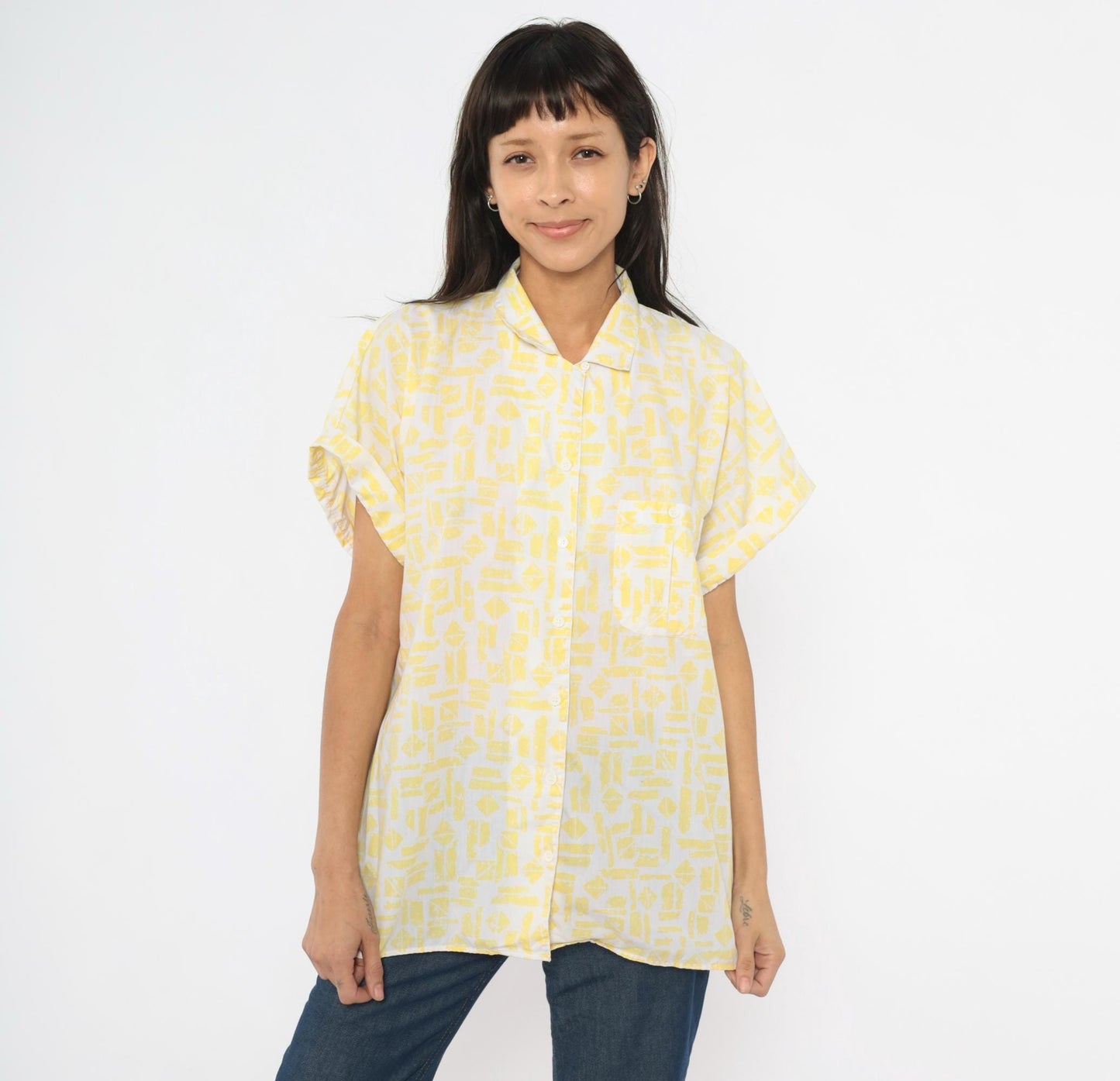 90s Golden Wings Abstract Geometric Shirt Yellow White Collared Blouse Large L