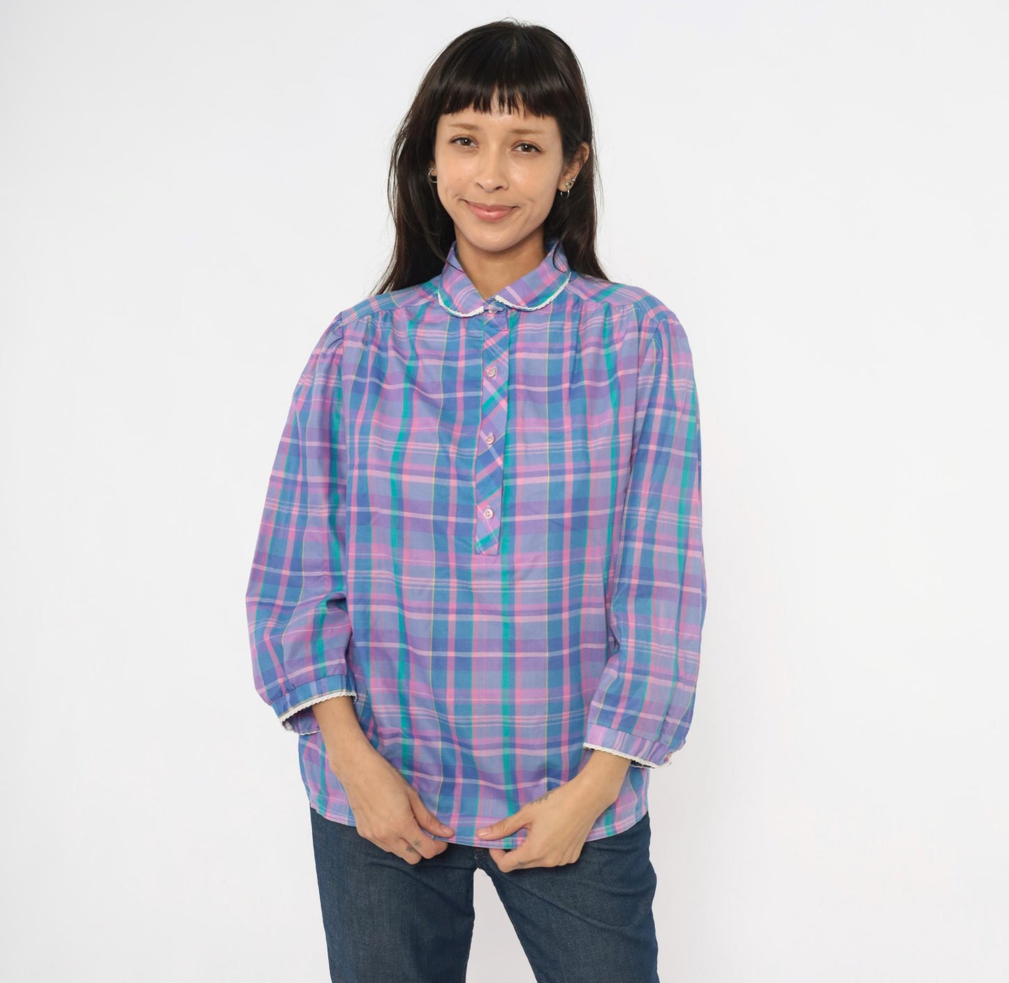 80s Maggie Sweet Plaid Puff Sleeve Blouse Peter Pan Collar Purple Teal Large
