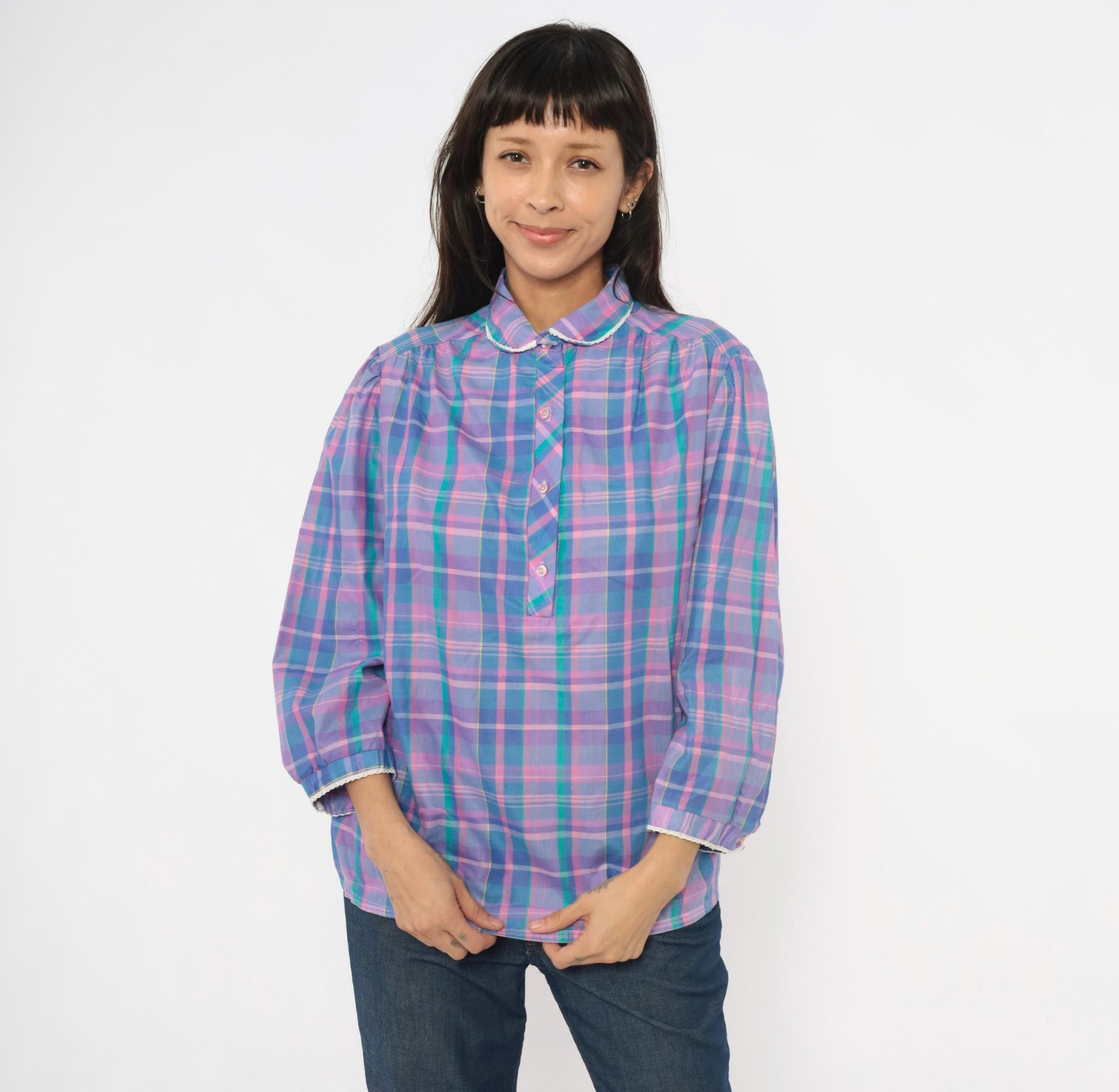 80s Maggie Sweet Plaid Puff Sleeve Blouse Peter Pan Collar Purple Teal Large