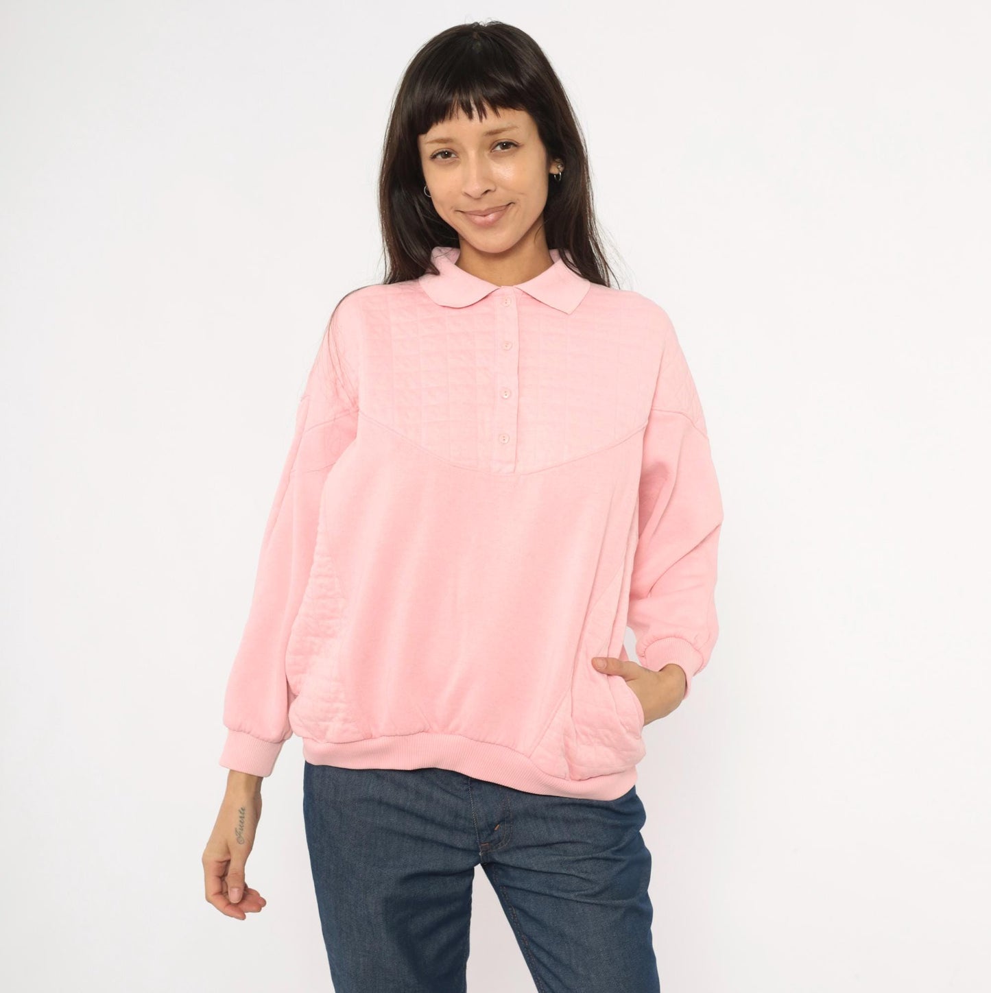 90s Casual Isle Quilted Collared Sweatshirt Pink Large L