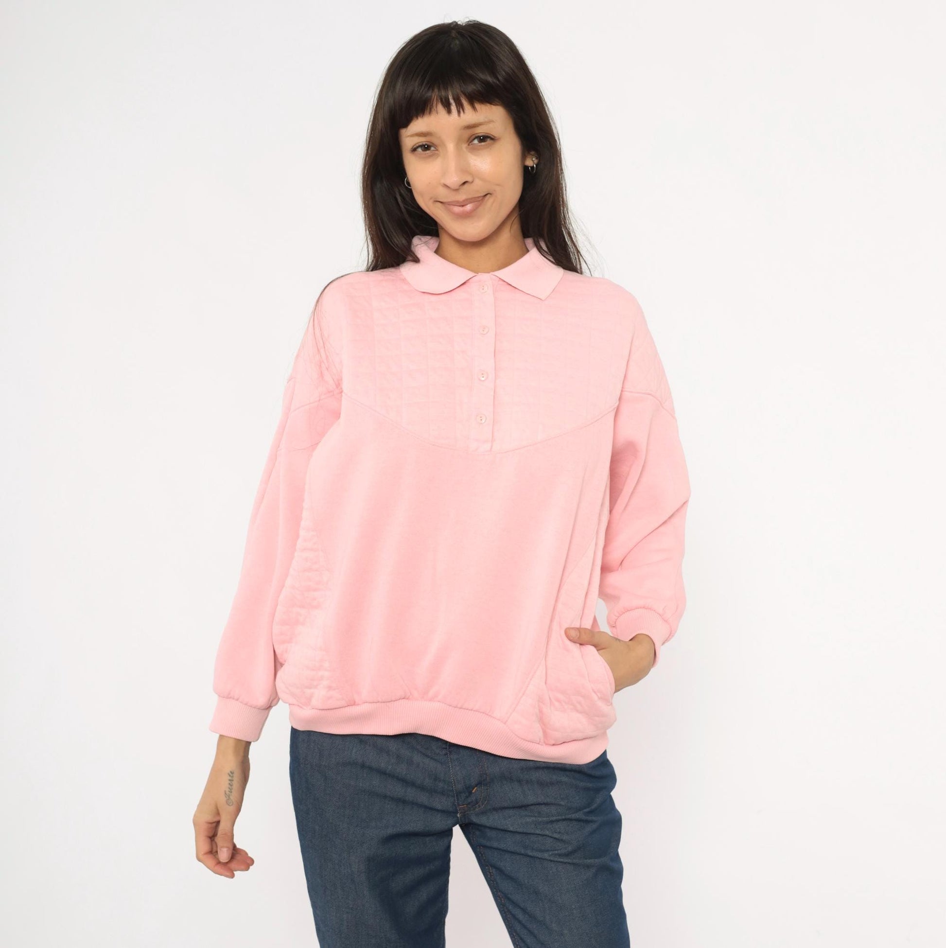 90s Casual Isle Quilted Collared Sweatshirt Pink Large L