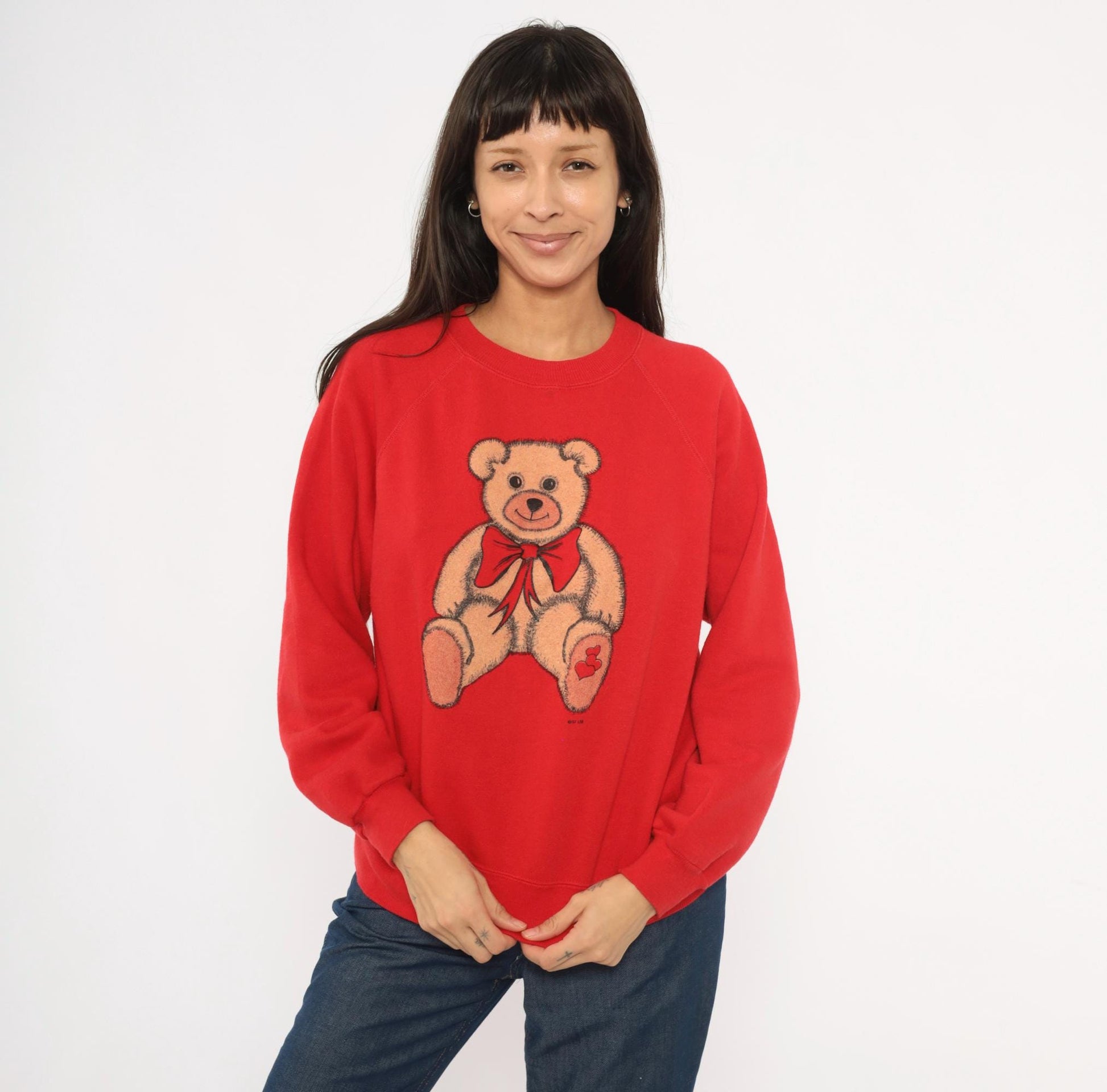 80s Teddy Bear Red Raglan Sweatshirt Graphic Crewneck Hearts Bow Medium M