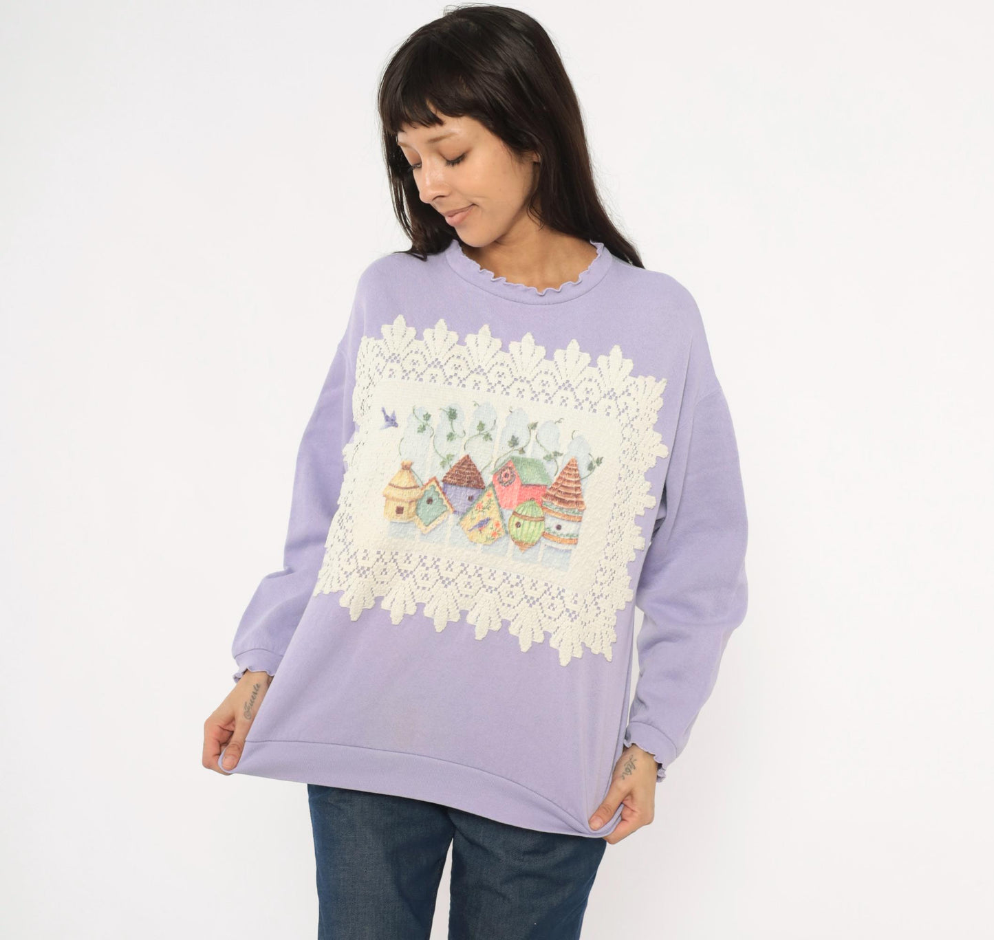90s Tultex Lavender Birdhouse Applique Sweatshirt Ruffled Crewneck Large L