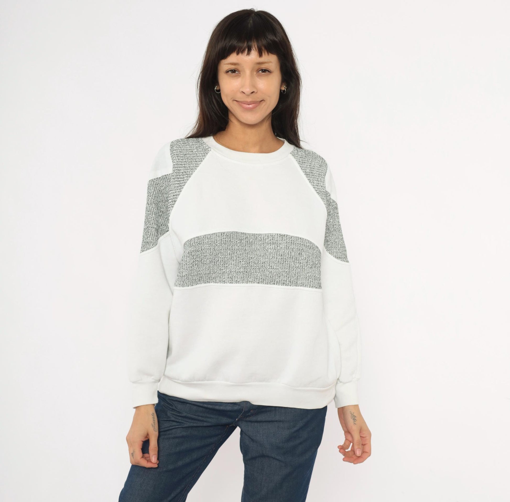90s Fashion Force Color Block Sweatshirt White Grey Marled Raglan Large L